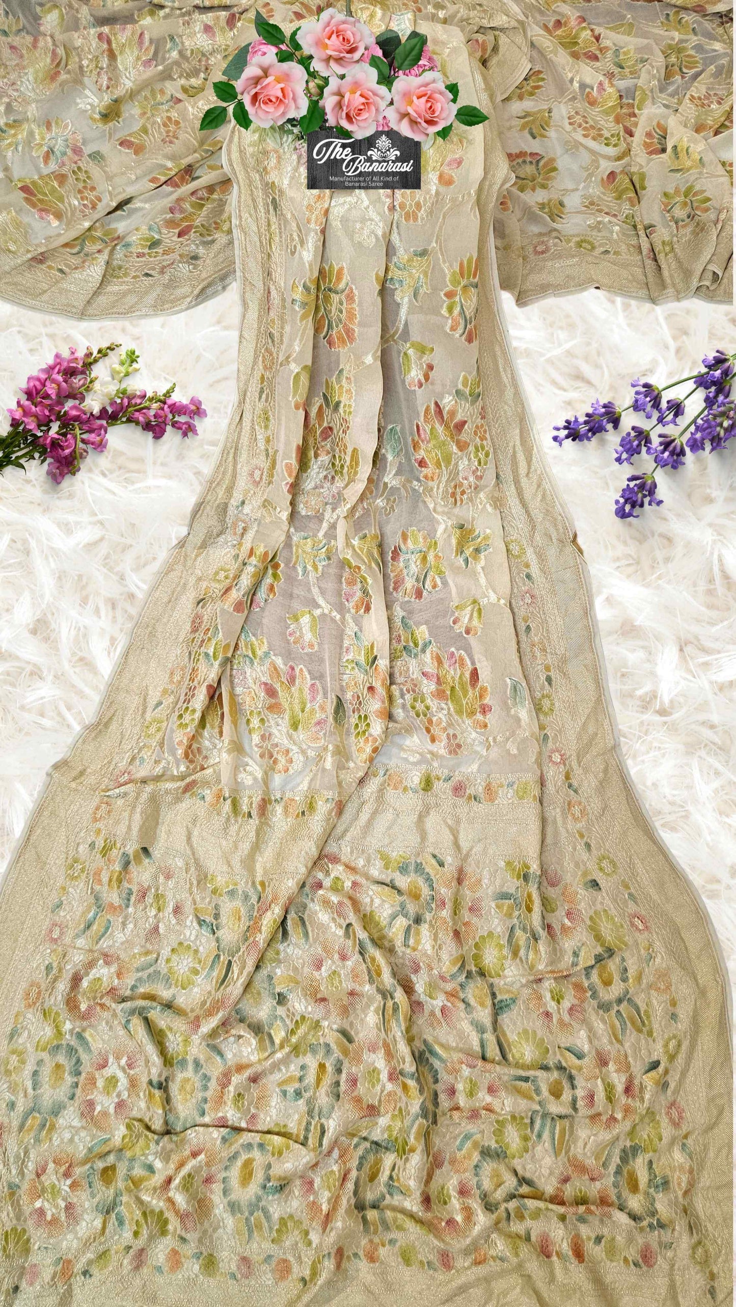 Cream Color Khaddi Georgette Water Zari Banarasi Handloom Saree