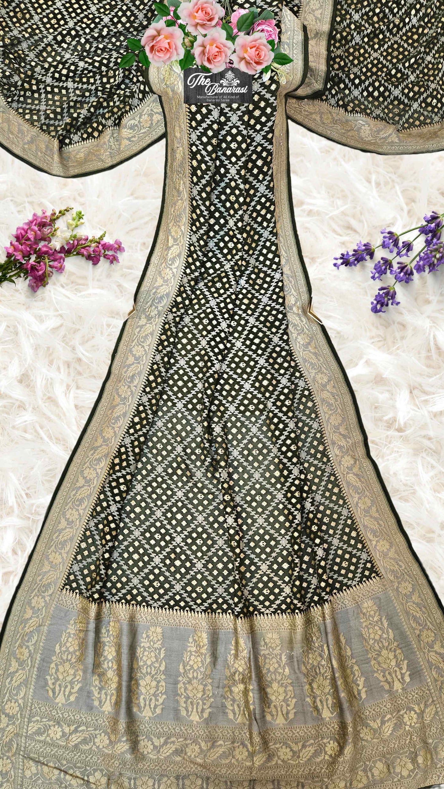 Olive Green Khaddi Georgette Water Zari Banarasi Handloom Saree