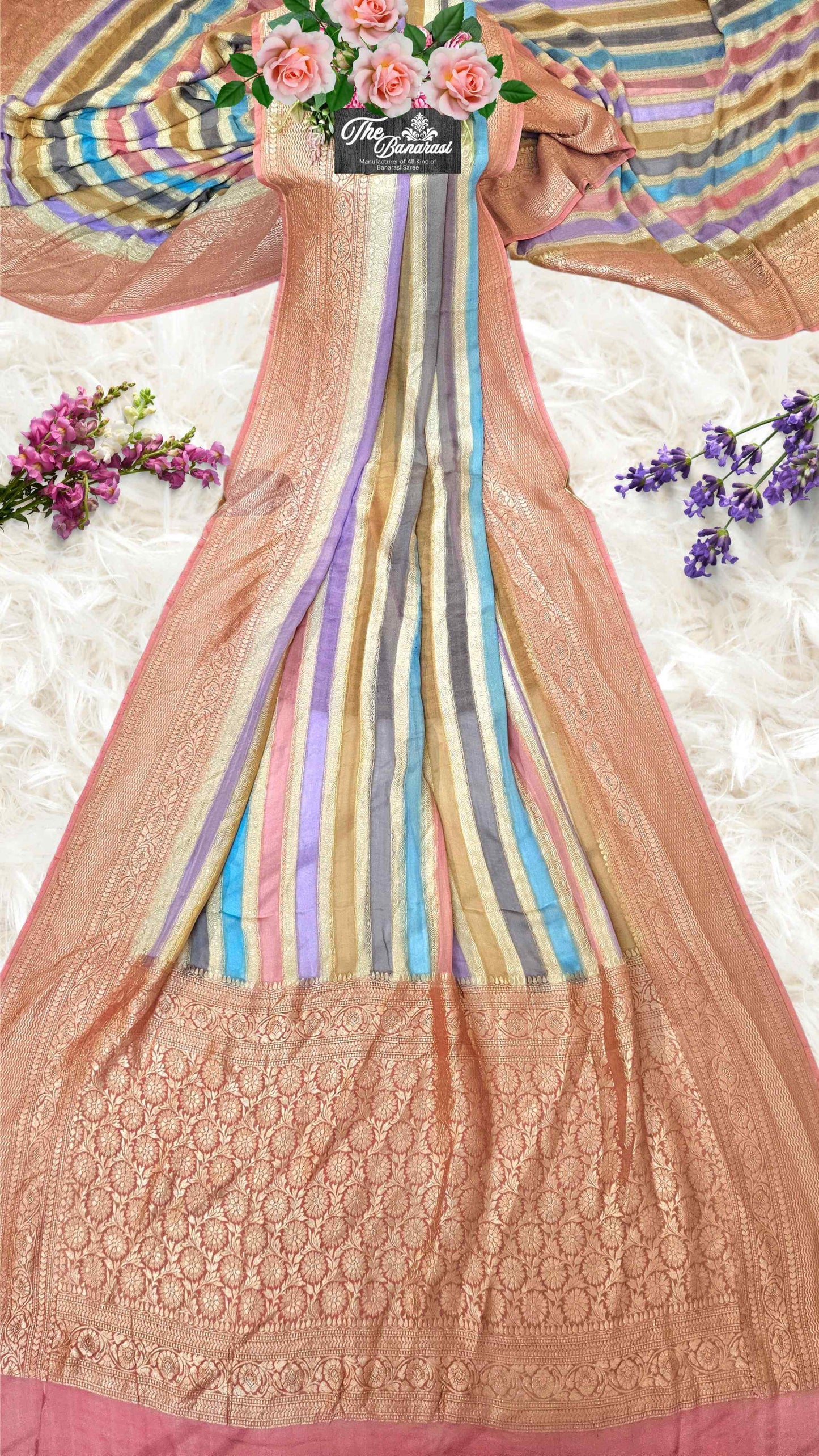 Multi Color Khaddi Georgette Water Zari Banarasi Handloom Saree