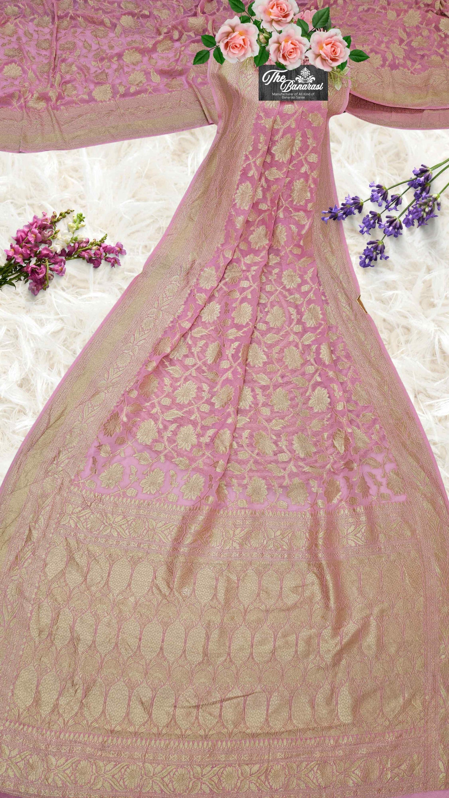 Baby Pink Khaddi Georgette Water Zari Banarasi Handloom Saree