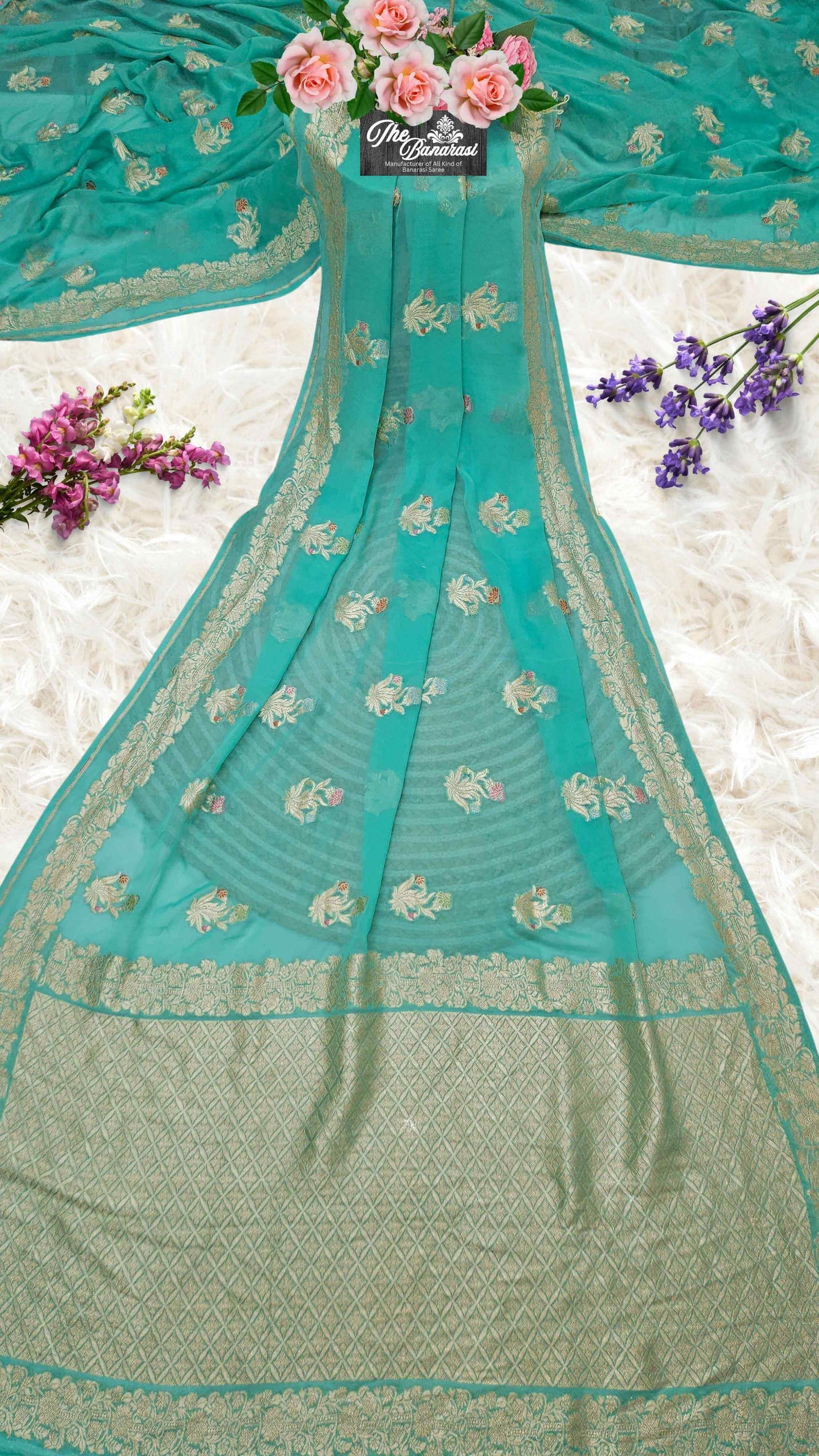 Aquamarine Blue Handwoven Traditional Khaddi Georgette Banarasi Saree with Meenakari Design - Full View