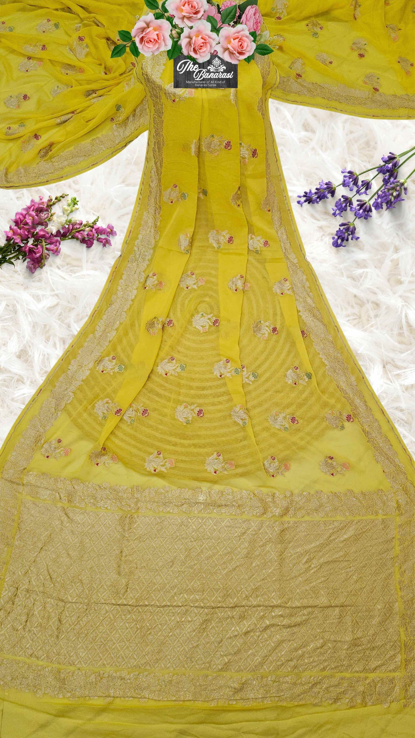 Flex Yellow Handwoven Traditional Khaddi Georgette Banarasi Saree with Meenakari Design - Full View