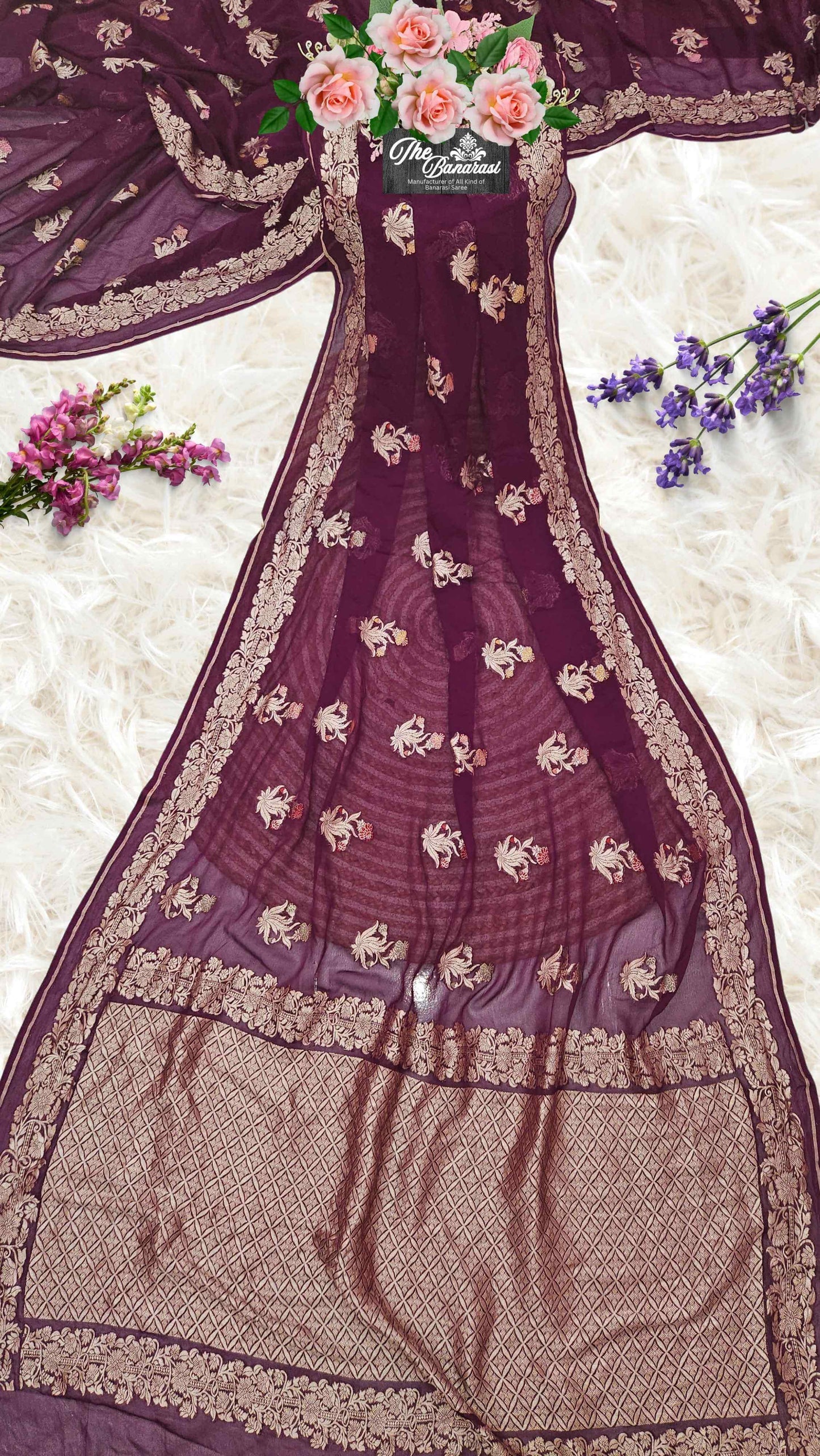 Wine Purple Handwoven Traditional Khaddi Georgette Banarasi Saree with Meenakari Design - Full View