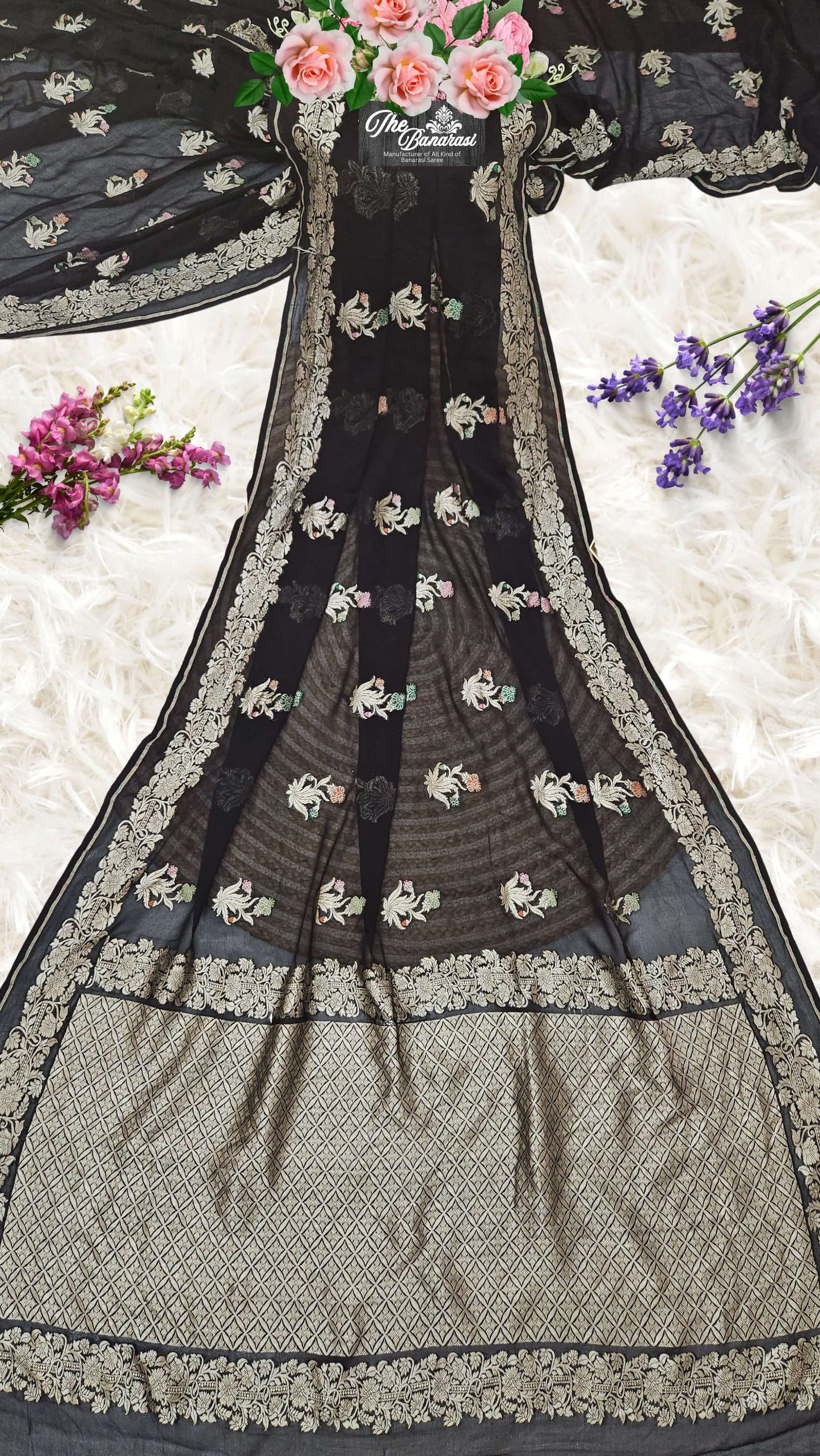 Black Handwoven Traditional Khaddi Georgette Banarasi Saree with Meenakari Design - Full View