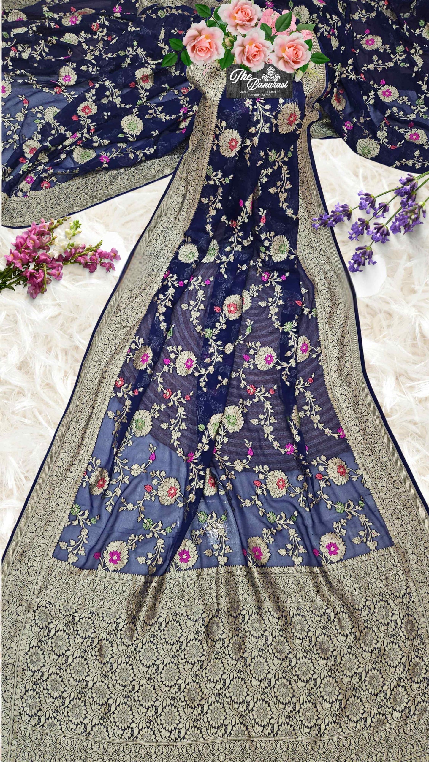 Midnight Blue Handwoven Traditional Khaddi Georgette Banarasi Saree with Meenakari Design - Full View