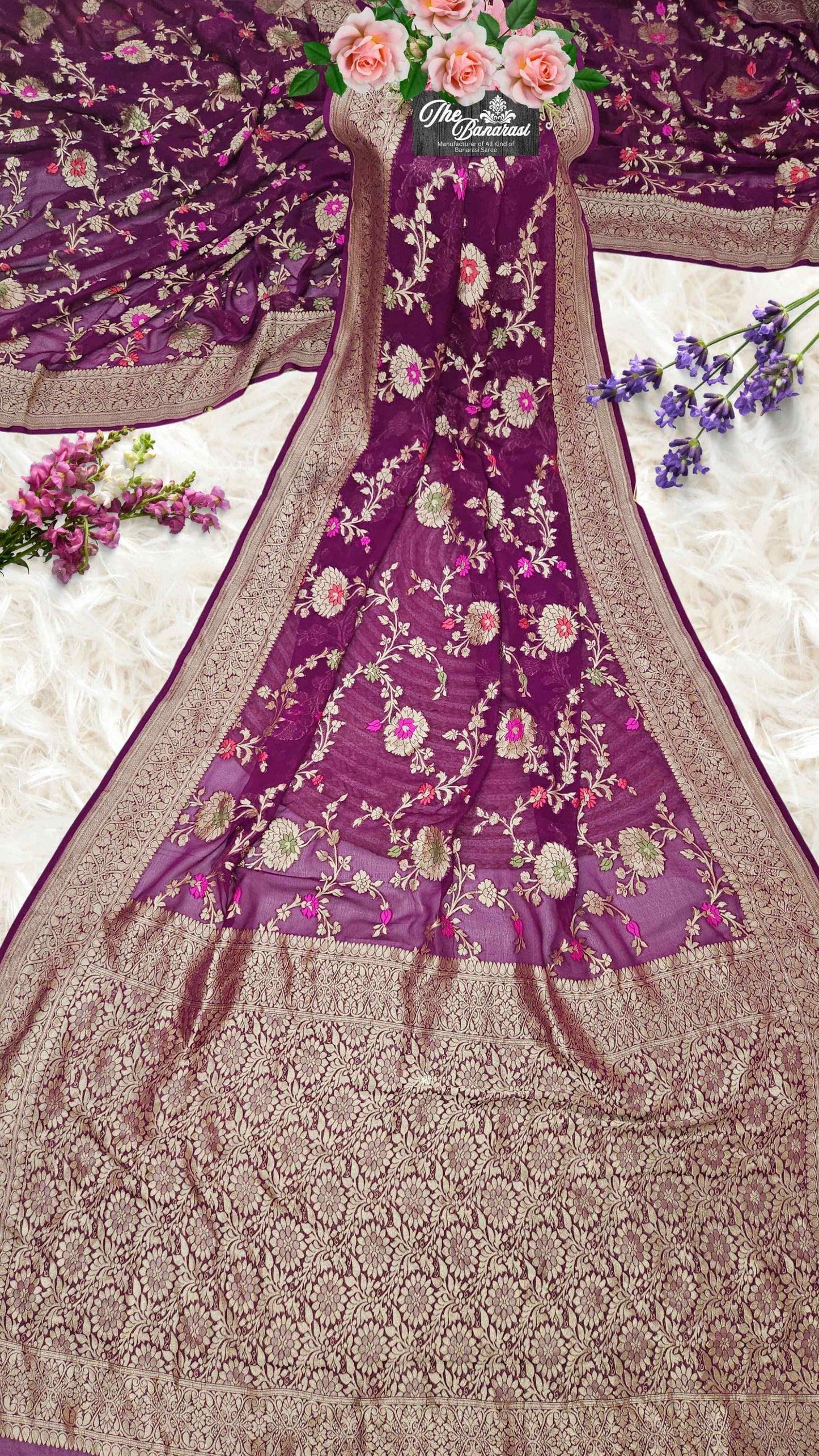 Grape Purple Handwoven Traditional Khaddi Georgette Banarasi Saree with Meenakari Design - Full View