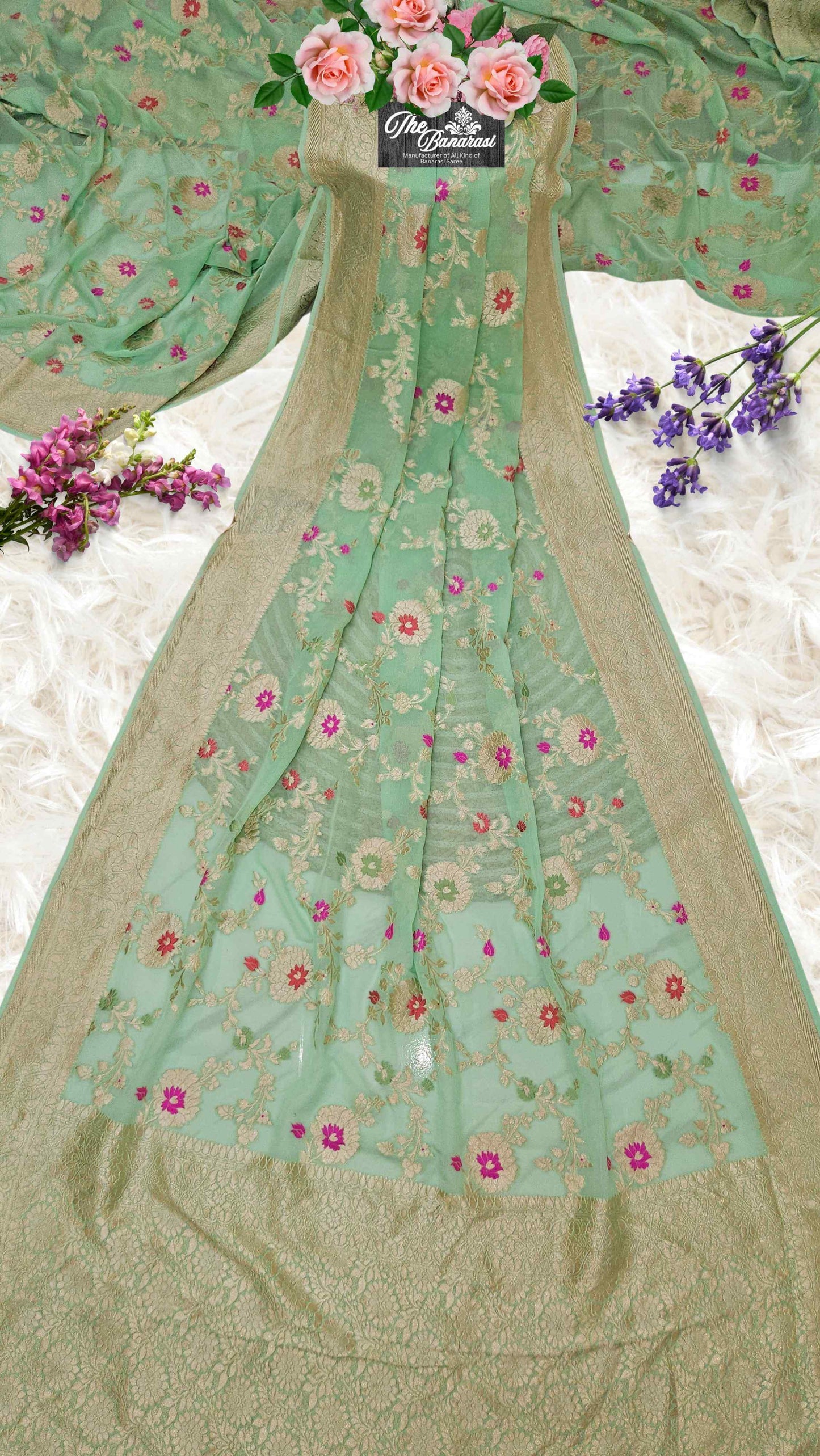 Tea Green Handwoven Traditional Khaddi Georgette Banarasi Saree with Meenakari Design - Full View