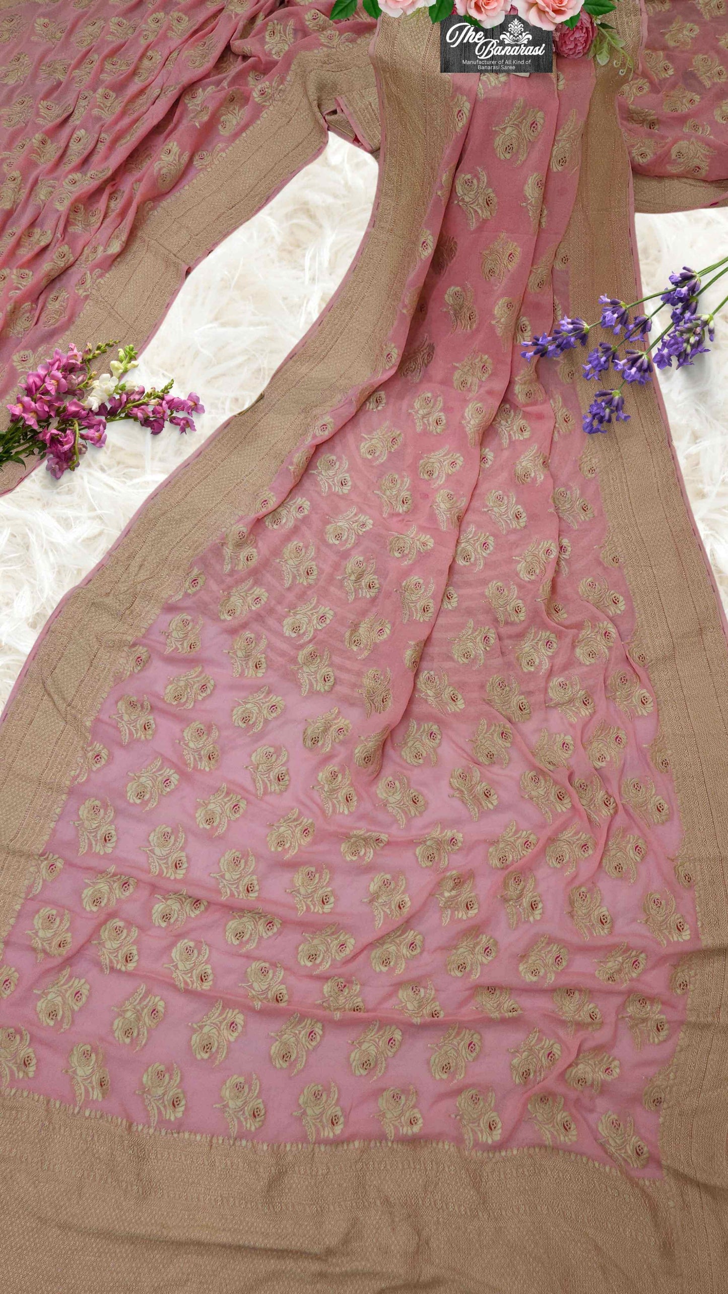 Peach Handwoven Traditional Khaddi Georgette Banarasi Saree with Meenakari Design - Full View