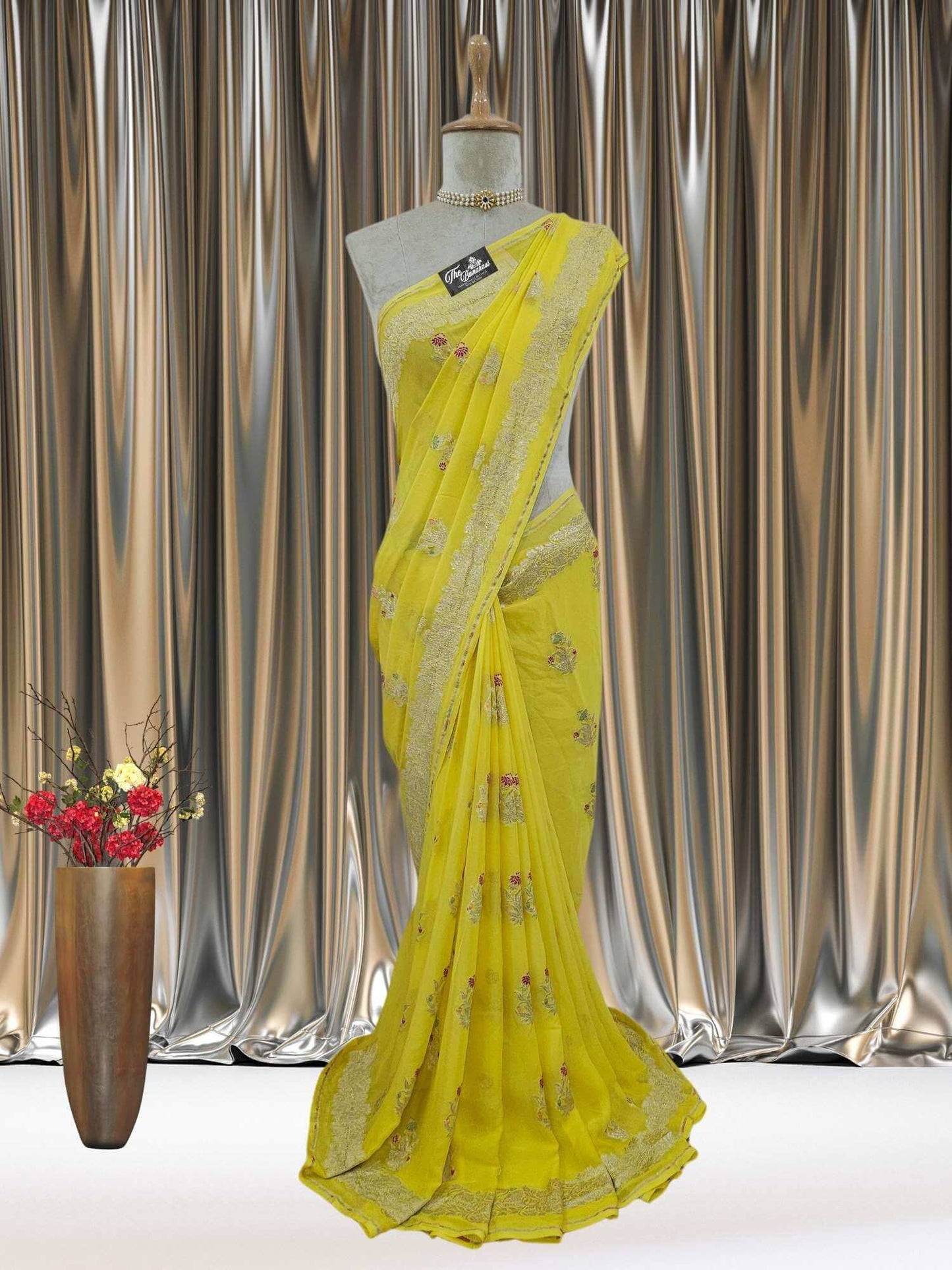 Mannequin wearing Flex Yellow Handwoven Traditional Khaddi Georgette Banarasi Saree with Meenakari Design - Full View