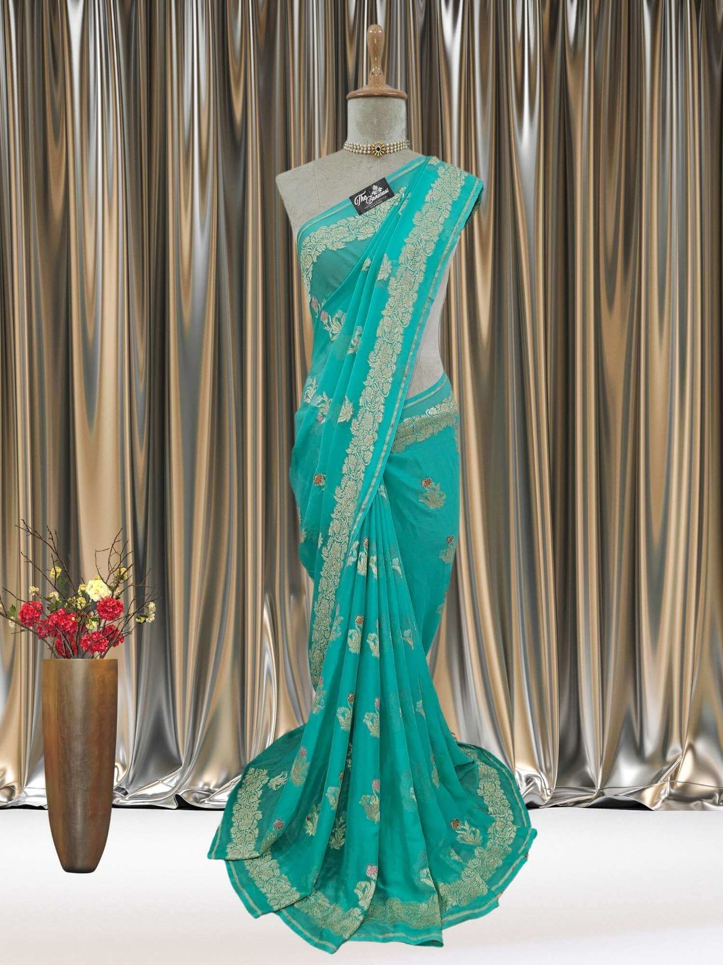 Mannequin wearing Aquamarine Blue Handwoven Traditional Khaddi Georgette Banarasi Saree with Meenakari Design - Full View