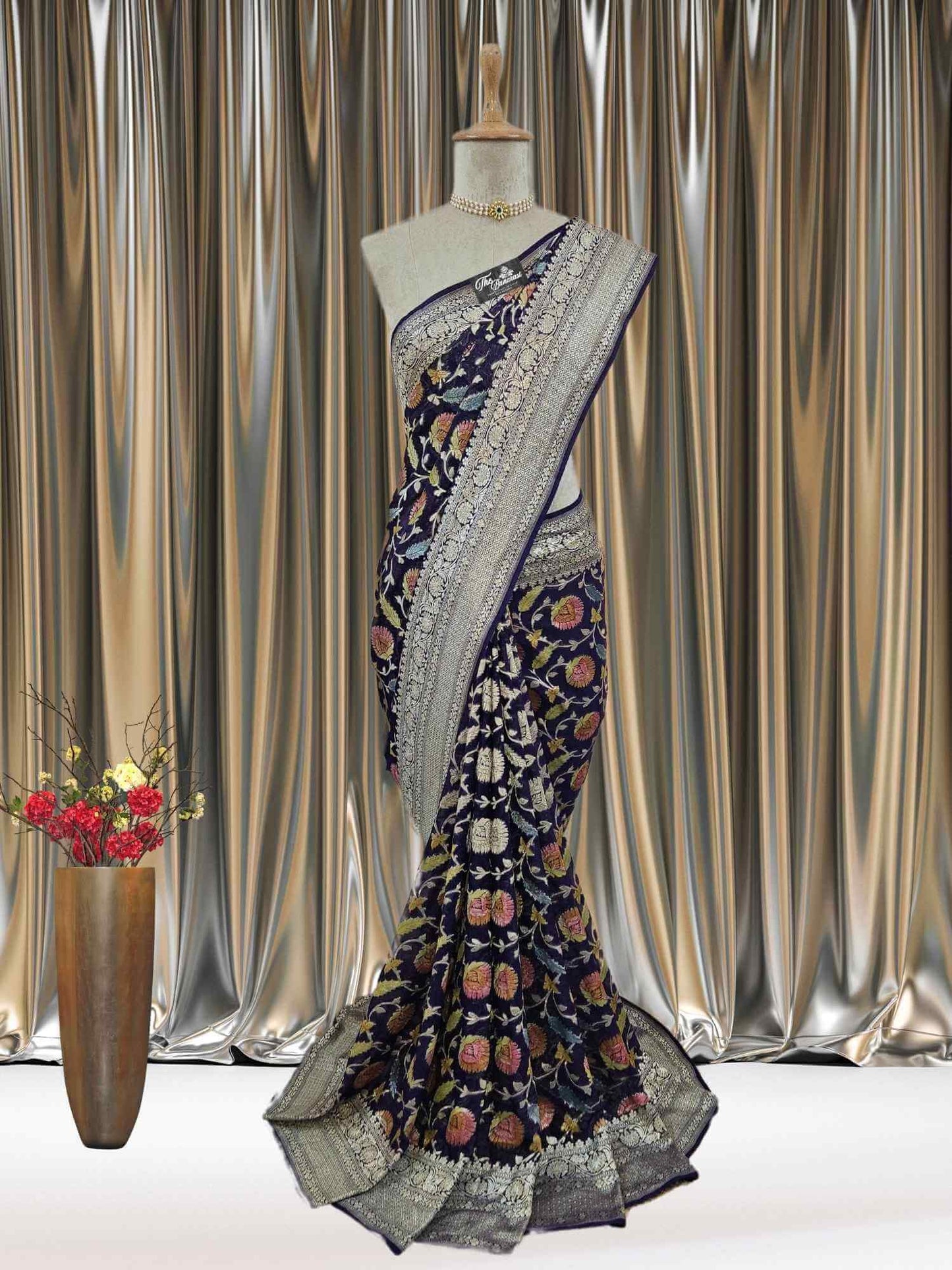 Indigo Blue Khaddi Georgette Hand Brush Banarasi Handloom Saree