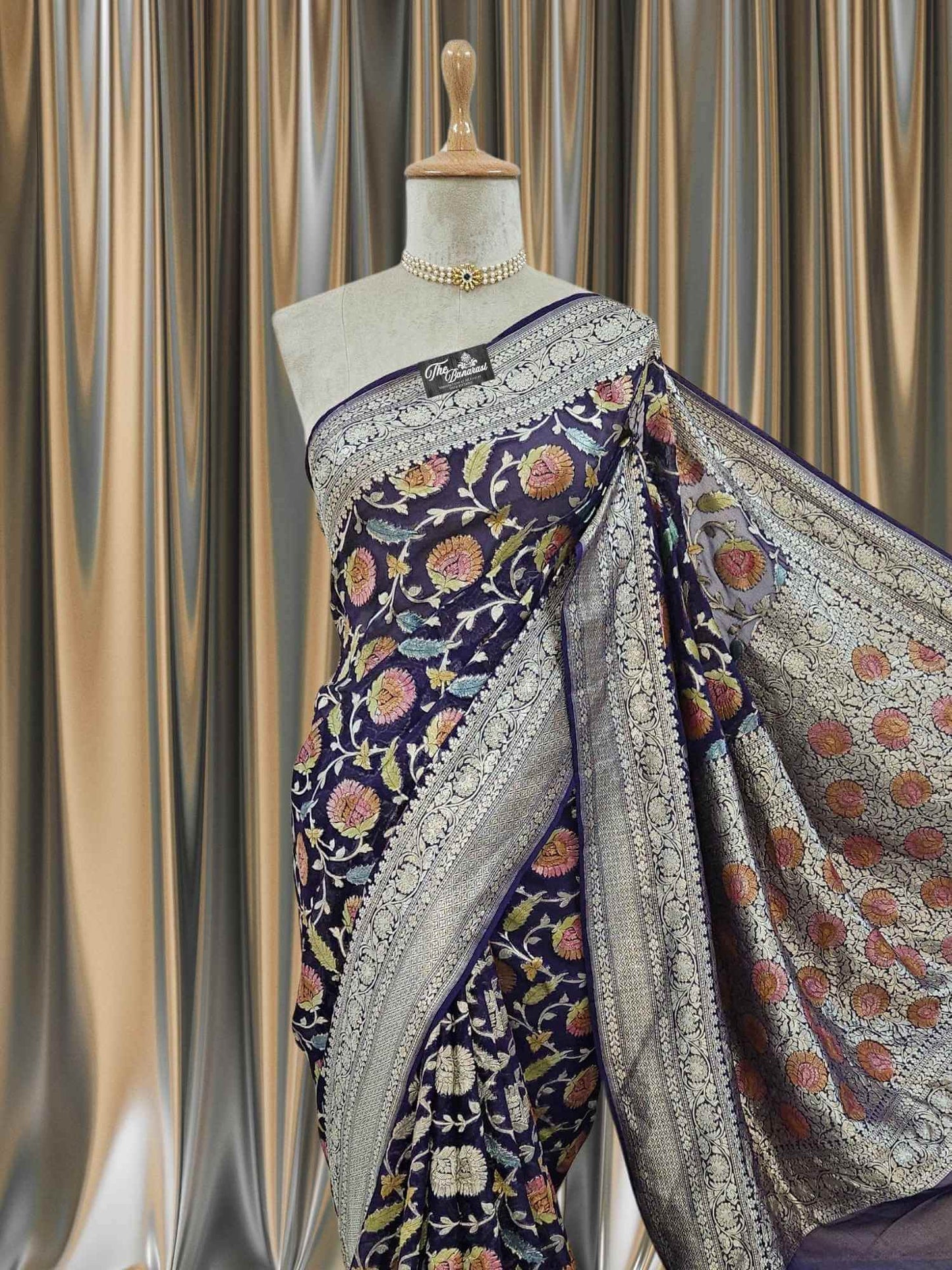 Indigo Blue Khaddi Georgette Hand Brush Banarasi Handloom Saree