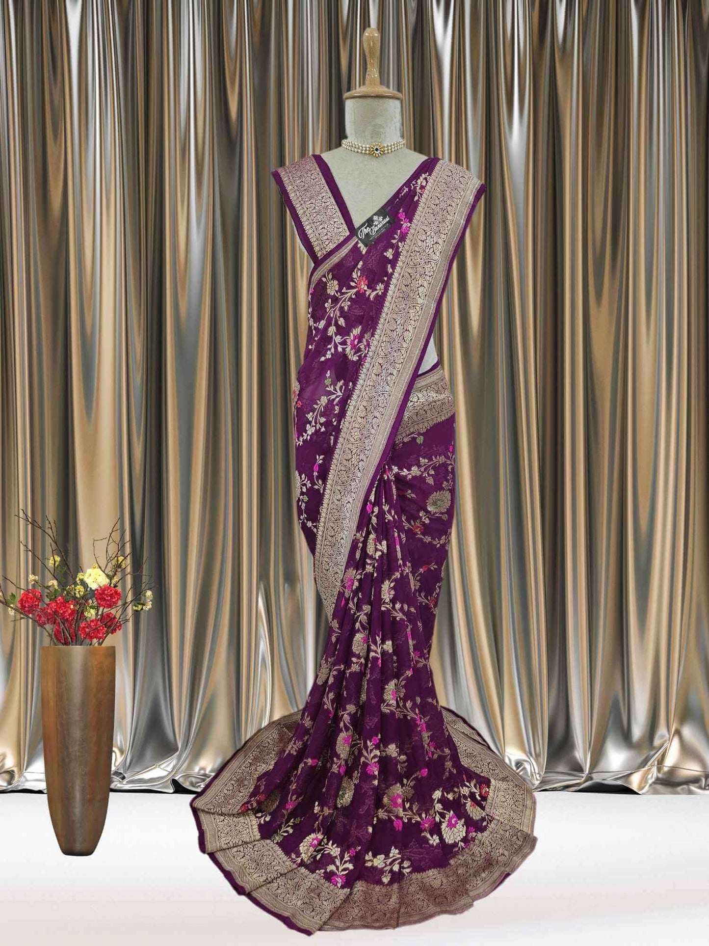 Mannequin wearing Grape Purple Handwoven Traditional Khaddi Georgette Banarasi Saree with Meenakari Design - Full View