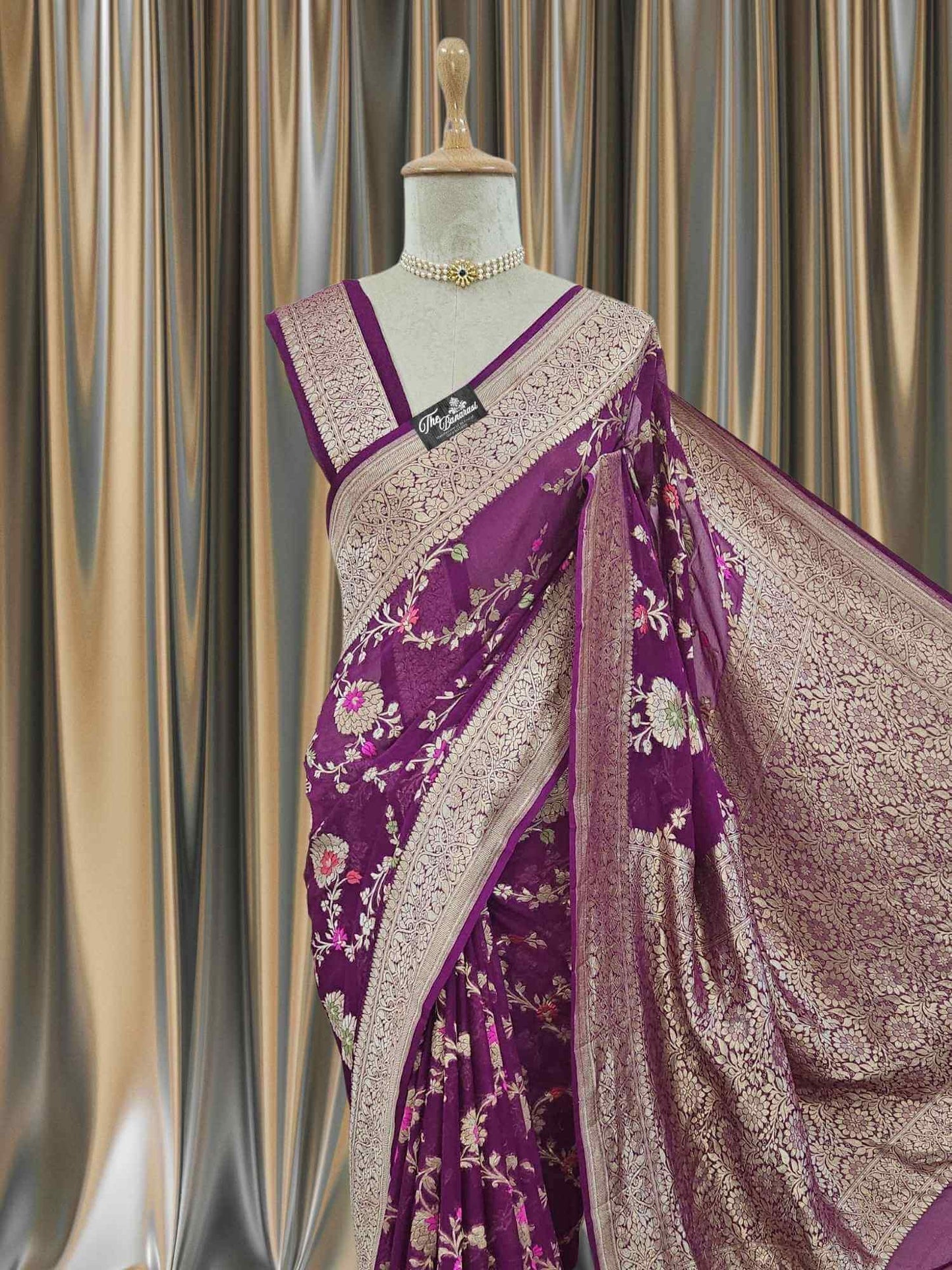 Close-up of Grape Purple Handwoven Traditional Khaddi Georgette Banarasi Saree with Meenakari Design
