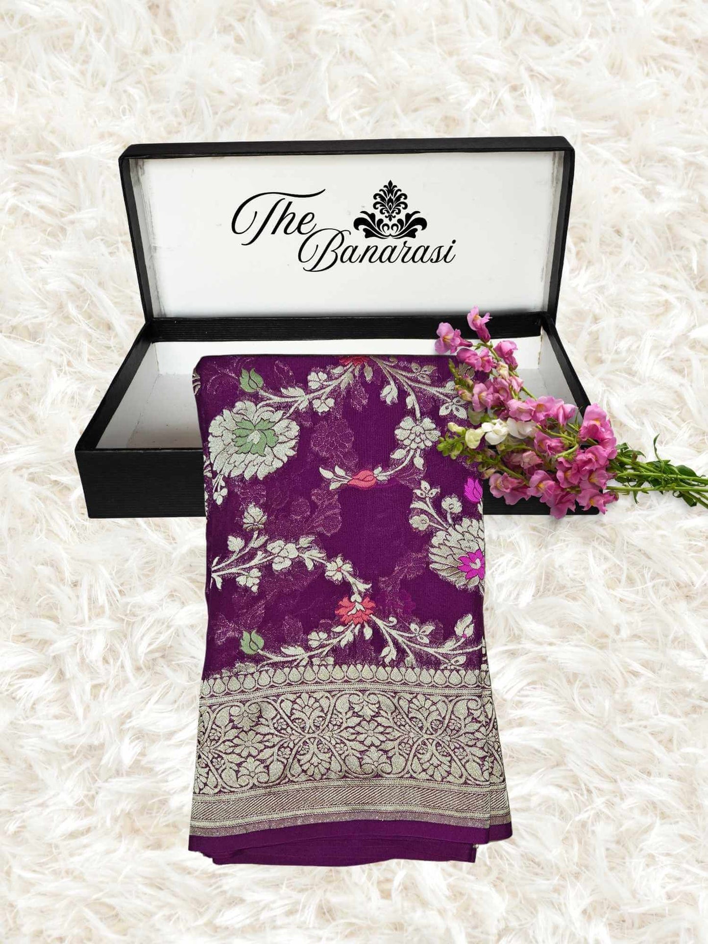 Grape Purple Handwoven Traditional Khaddi Georgette Banarasi Saree with Meenakari Design - Partial View