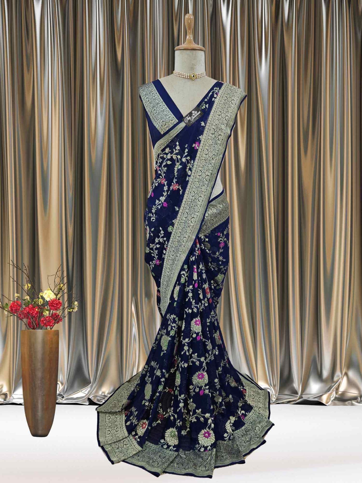 Mannequin wearing Midnight Blue Handwoven Traditional Khaddi Georgette Banarasi Saree with Meenakari Design - Full View