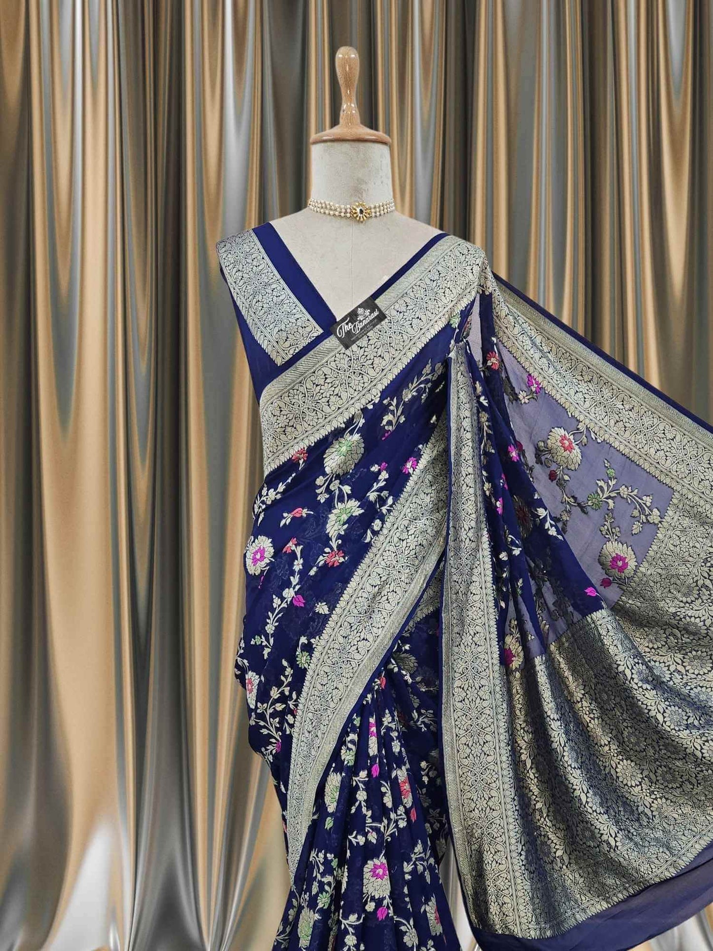 Close-up of Midnight Blue Handwoven Traditional Khaddi Georgette Banarasi Saree with Meenakari Design