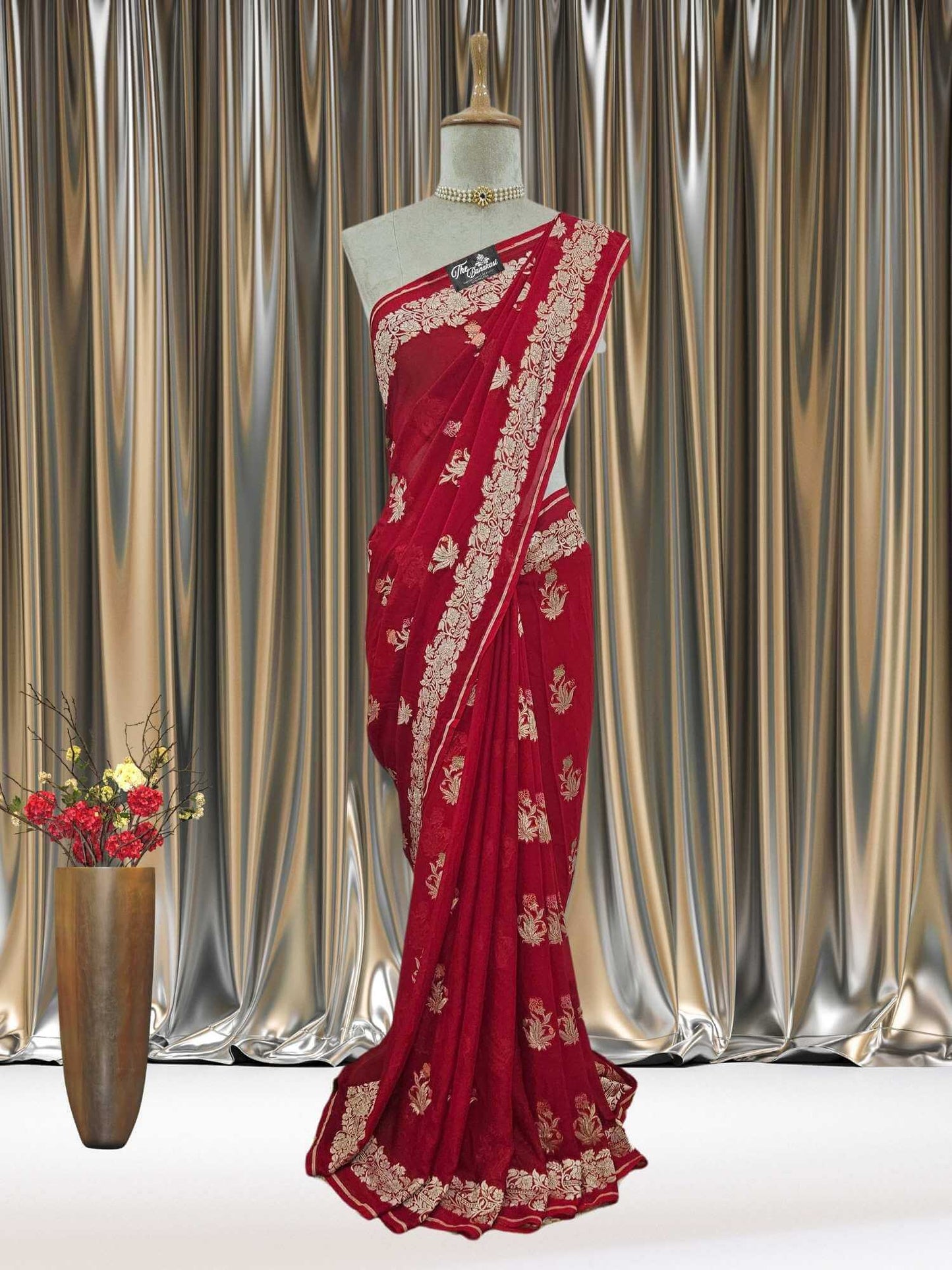 Mannequin wearing Scarlet Red Handwoven Traditional Khaddi Georgette Banarasi Saree with Meenakari Design - Full View