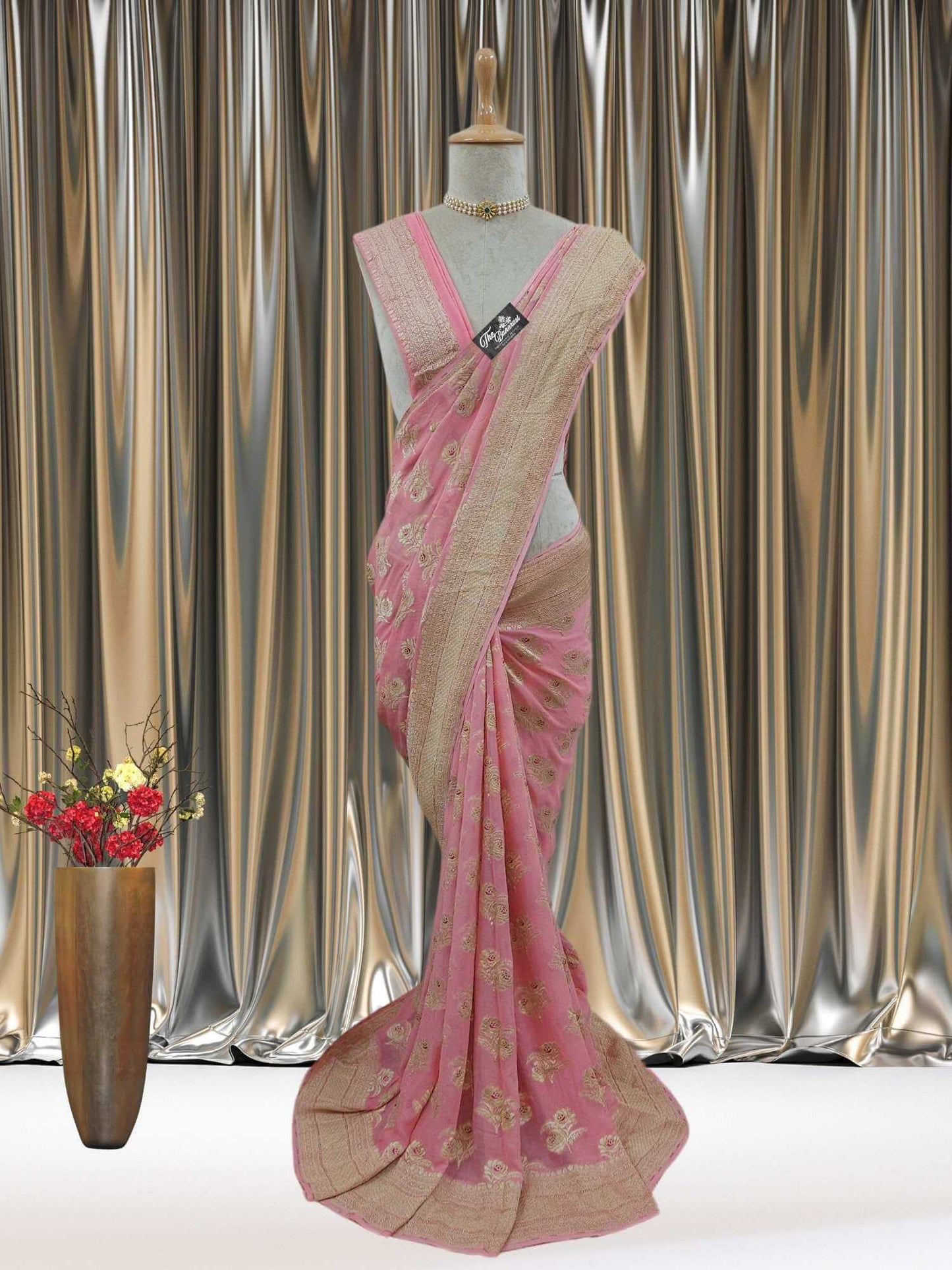 Mannequin wearing Peach Handwoven Traditional Khaddi Georgette Banarasi Saree with Meenakari Design - Full View