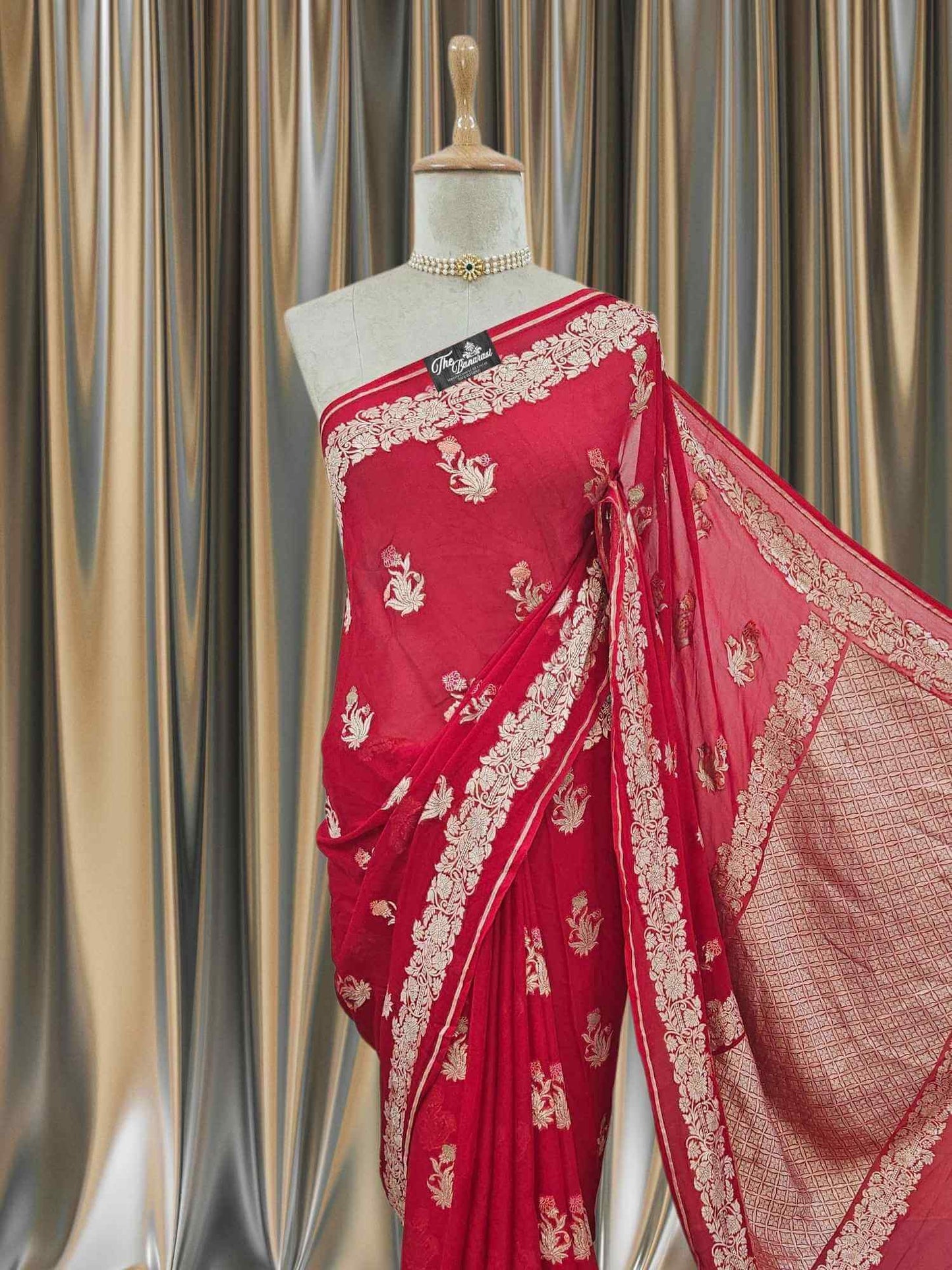 Close-up of Scarlet Red Handwoven Traditional Khaddi Georgette Banarasi Saree with Meenakari Design