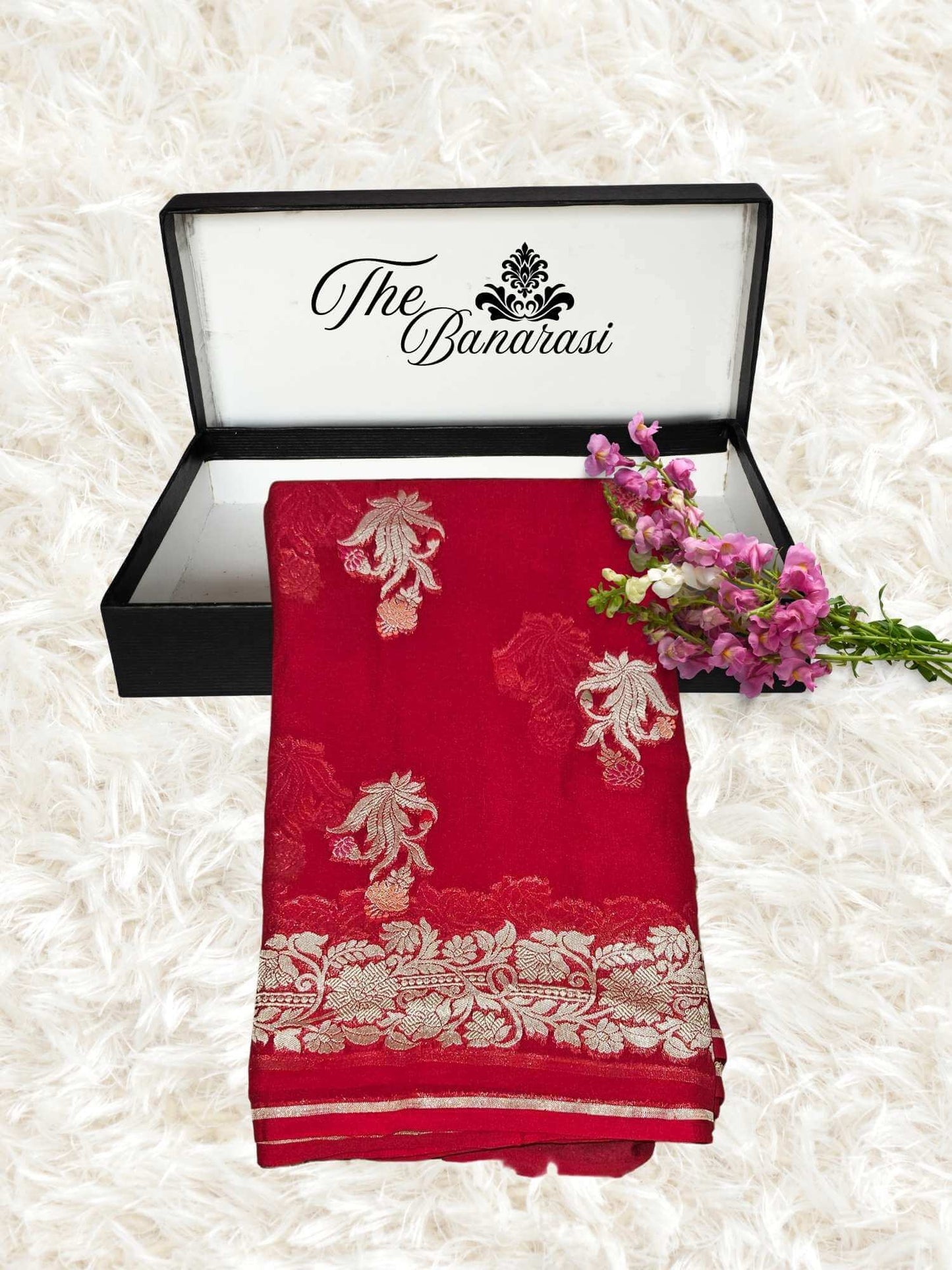 Scarlet Red Handwoven Traditional Khaddi Georgette Banarasi Saree with Meenakari Design - Partial View