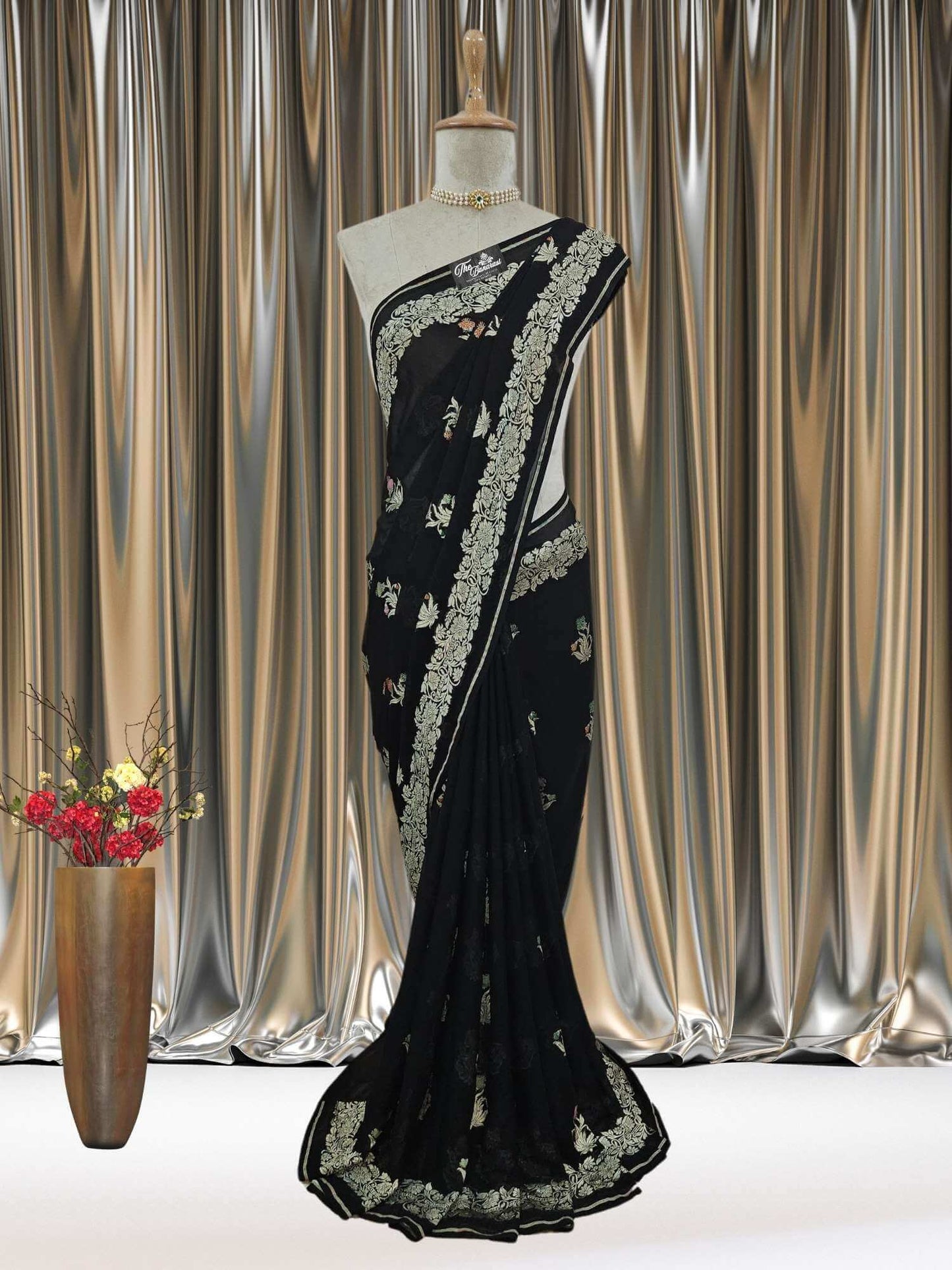 Mannequin wearing Black Handwoven Traditional Khaddi Georgette Banarasi Saree with Meenakari Design - Full View