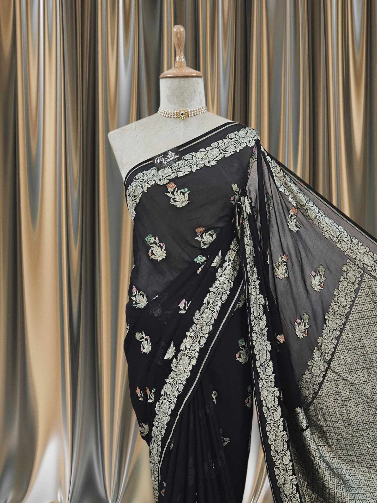 Close-up of Black Handwoven Traditional Khaddi Georgette Banarasi Saree with Meenakari Design
