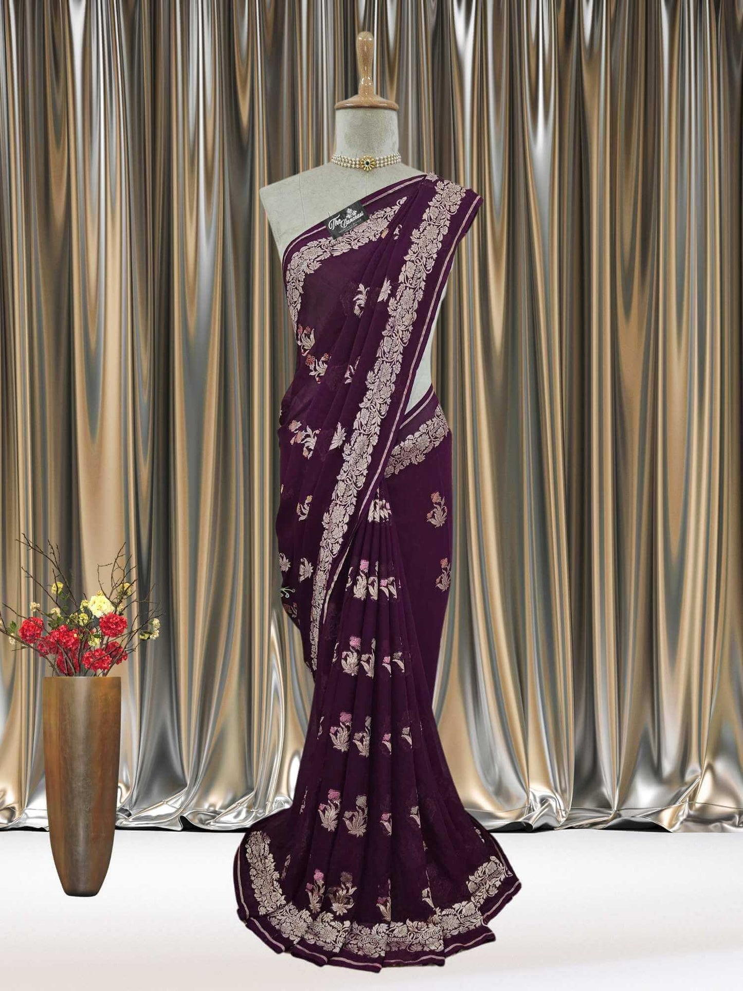 Mannequin wearing Wine Purple Handwoven Traditional Khaddi Georgette Banarasi Saree with Meenakari Design - Full View