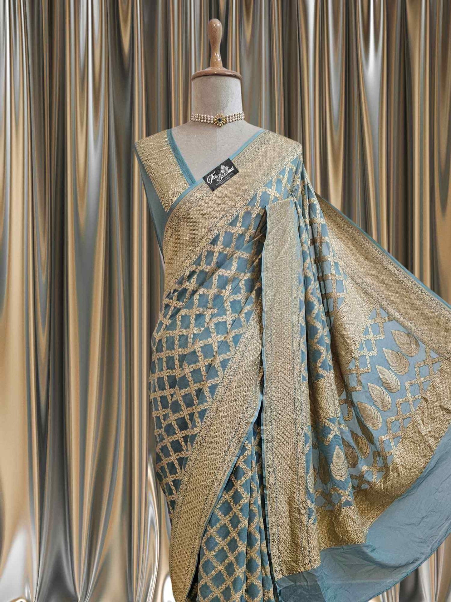 Sky Blue Khaddi Georgette Water Zari Banarasi Handloom Saree