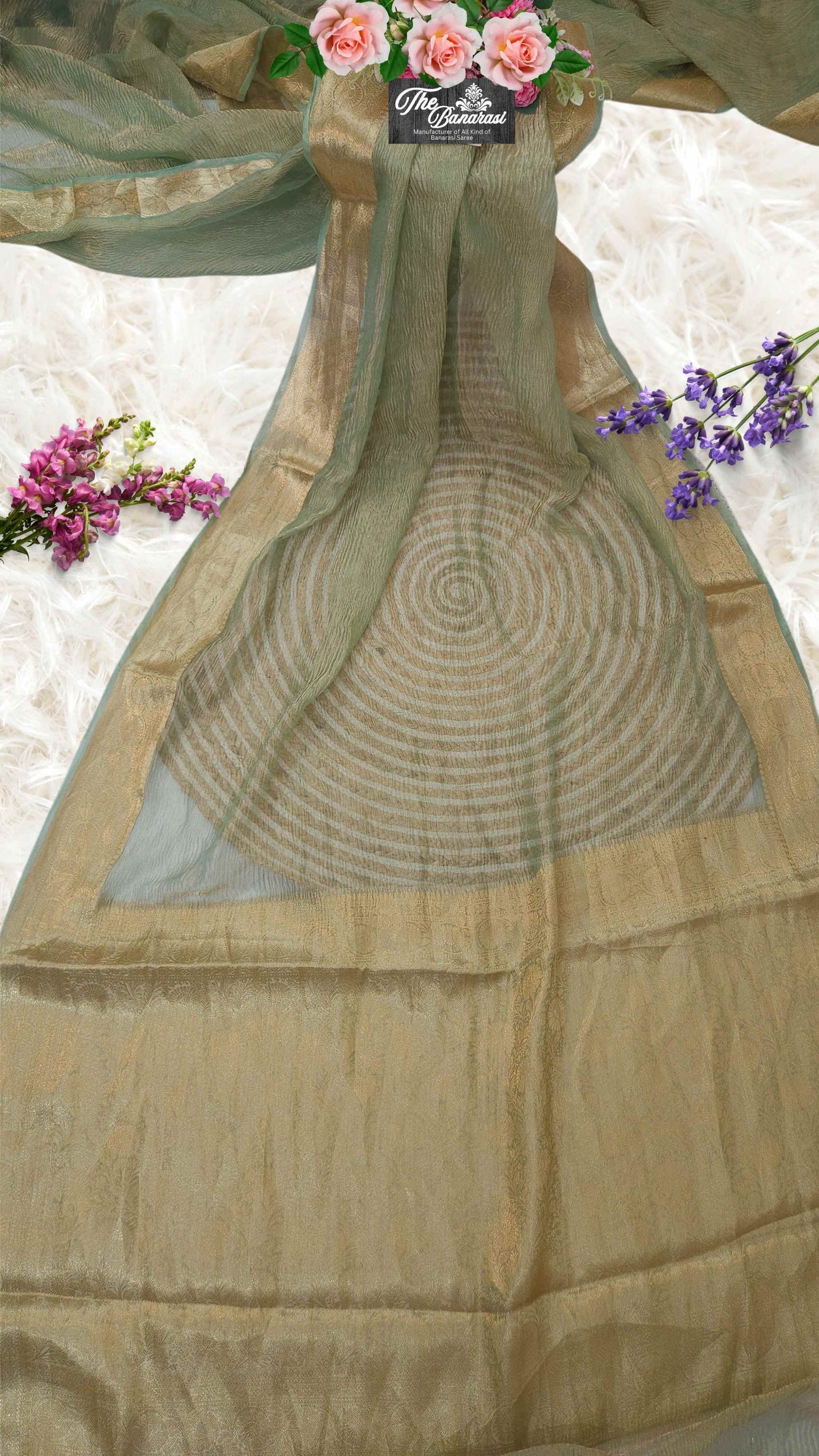 Luxury Mint green Handwoven Banarasi Tissue Silk Saree - Full View