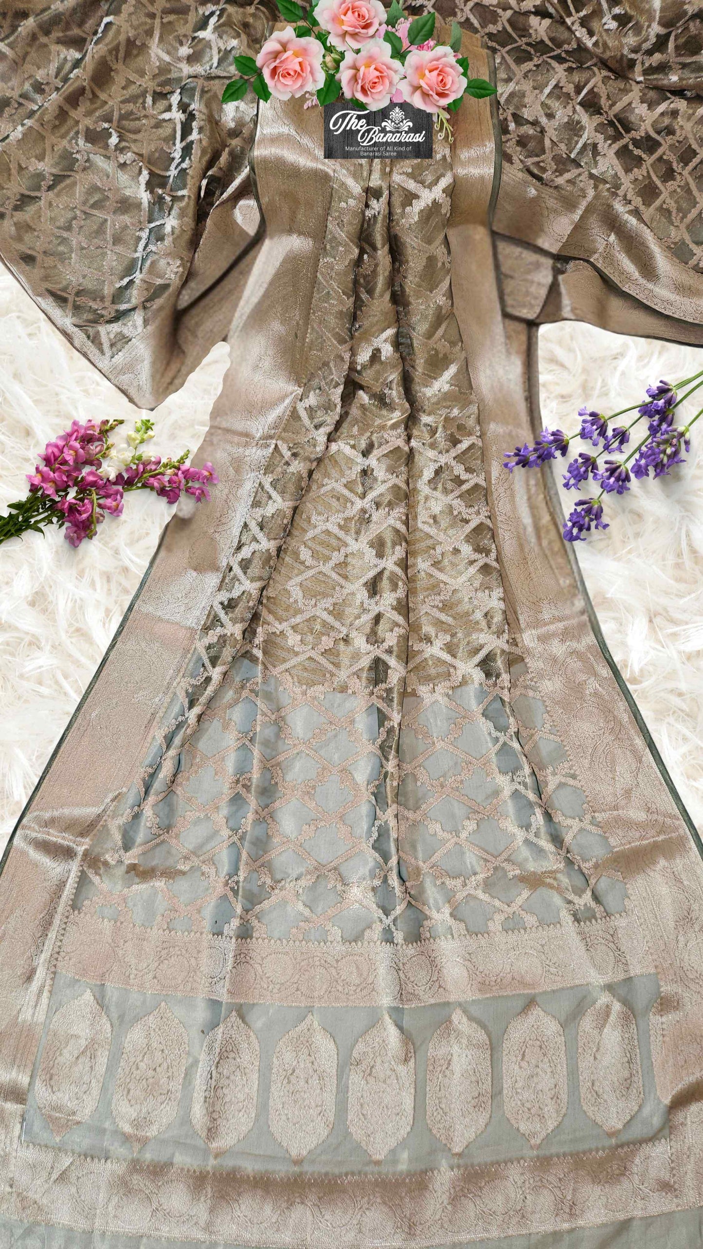 Luxury Army Green Handwoven Banarasi Tissue Silk Saree - Full View