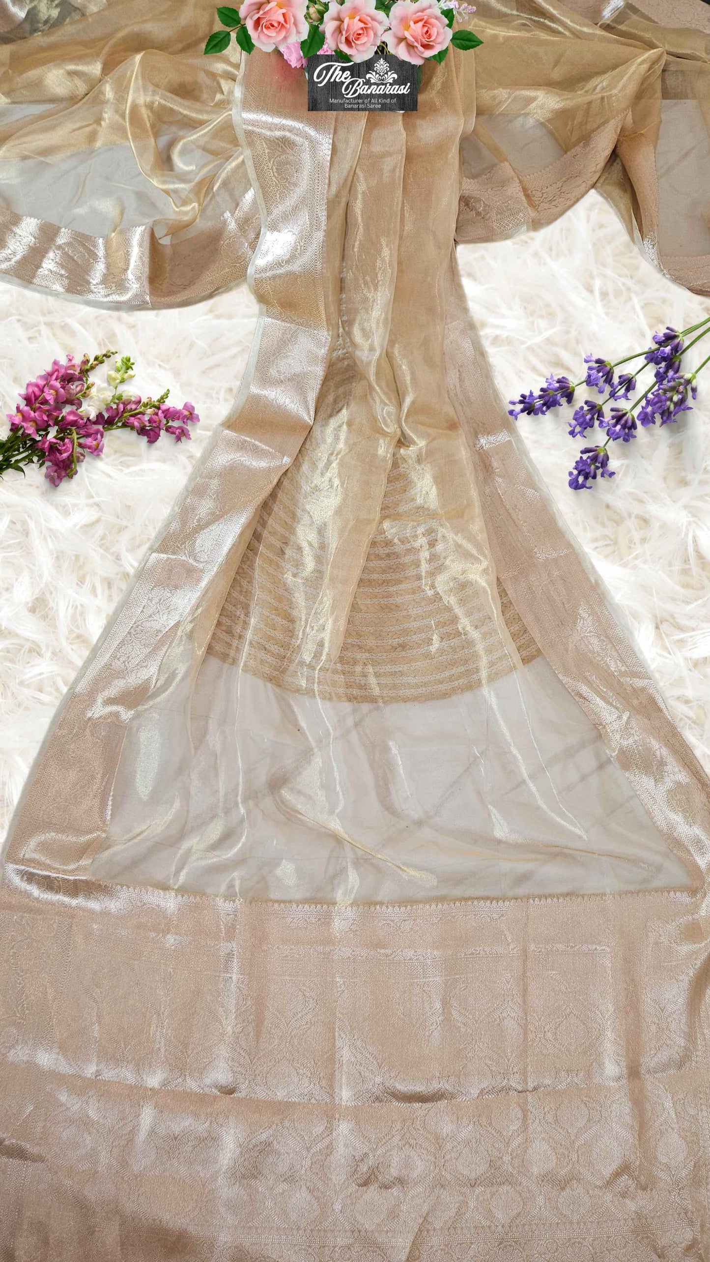Luxury Golden Handwoven Banarasi Tissue Silk Saree - Full View
