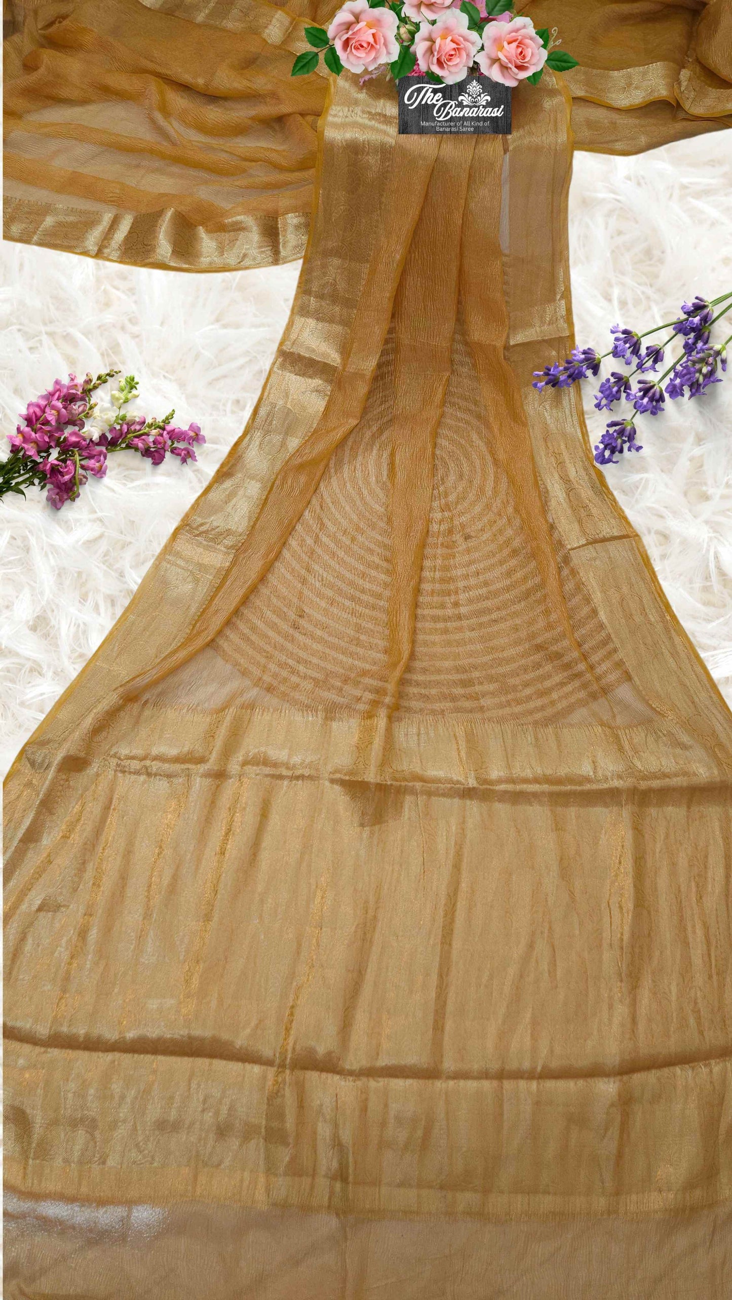 Luxury Tuscan Sun Handwoven Banarasi Tissue Silk Saree - Full View