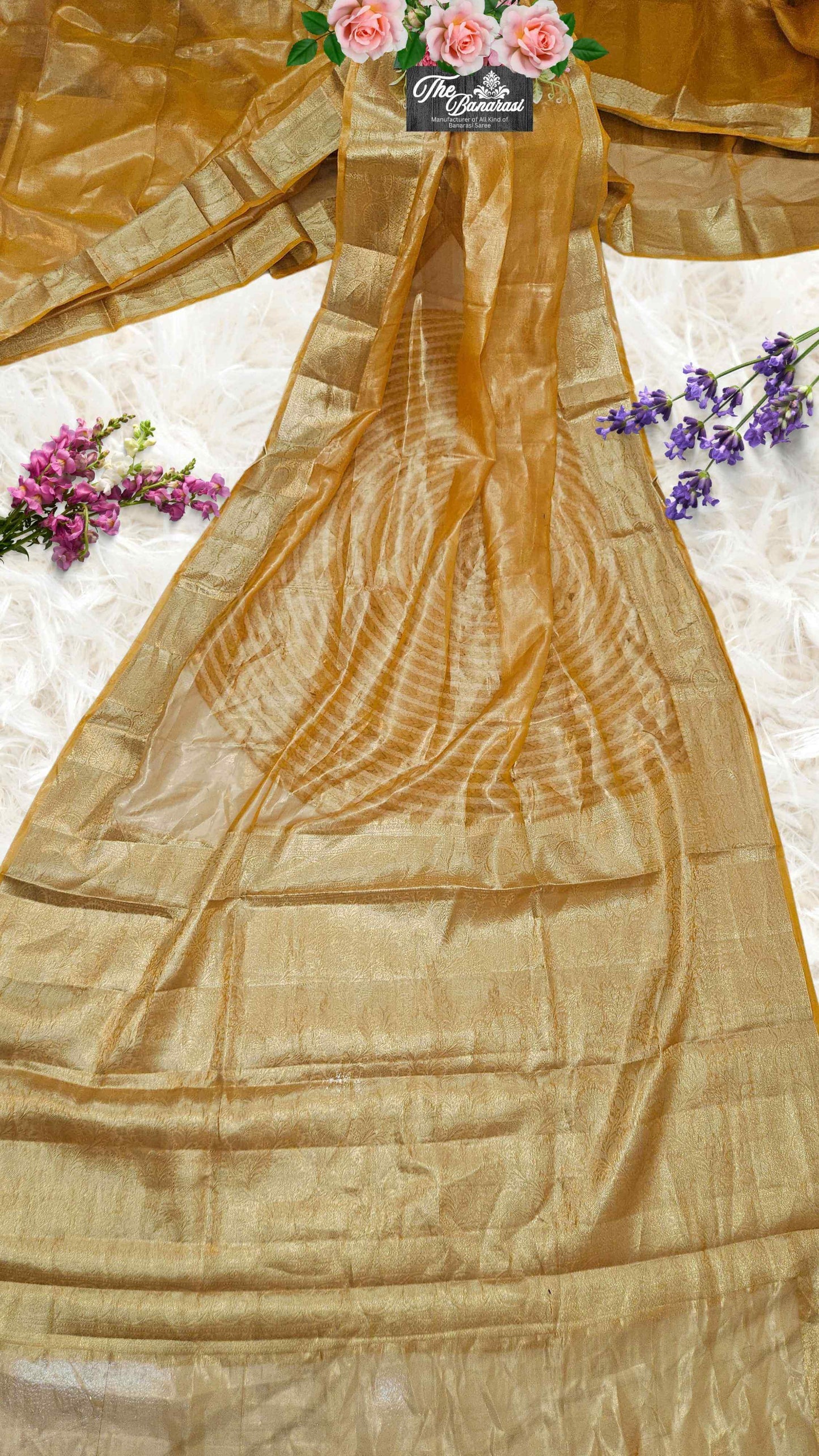 Luxury Mustard Color Handwoven Banarasi Tissue Silk Saree - Full View