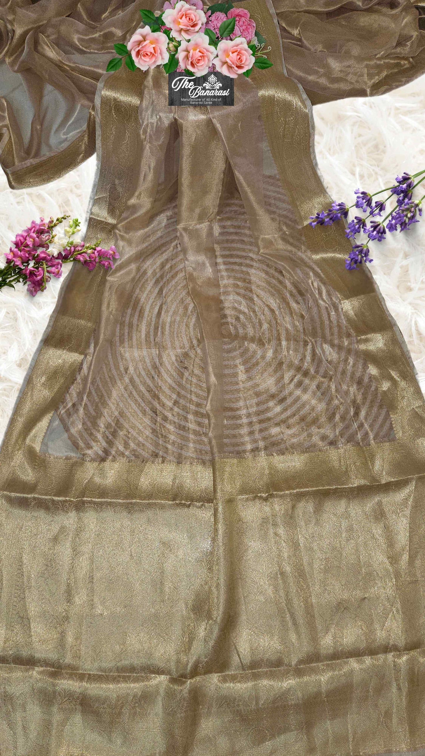 Luxury Light Golden Handwoven Banarasi Tissue Silk Saree - Full View