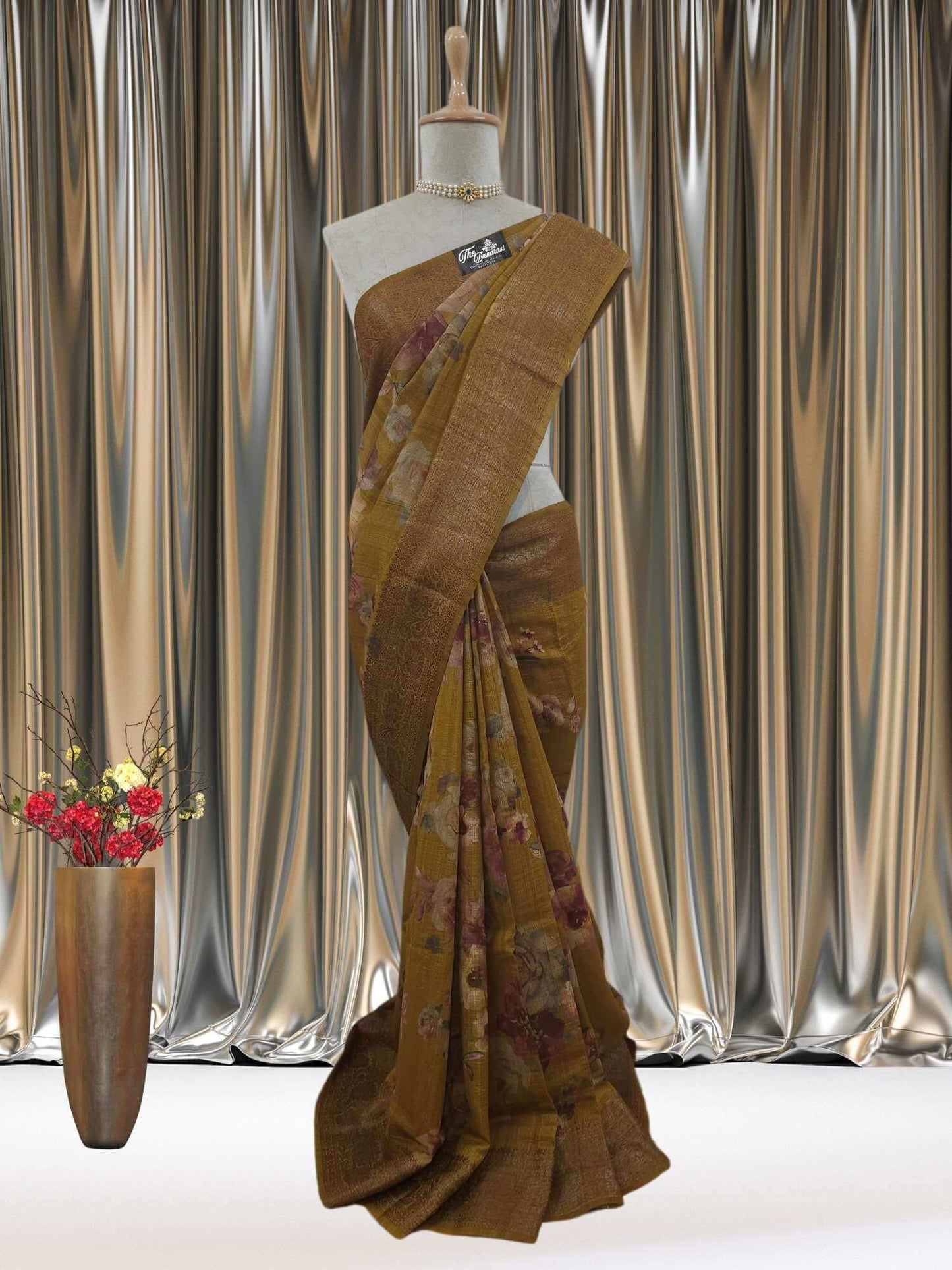 Mustard Color Pure Tussar Georgette Antique Zari Print Banarasi Handloom Saree