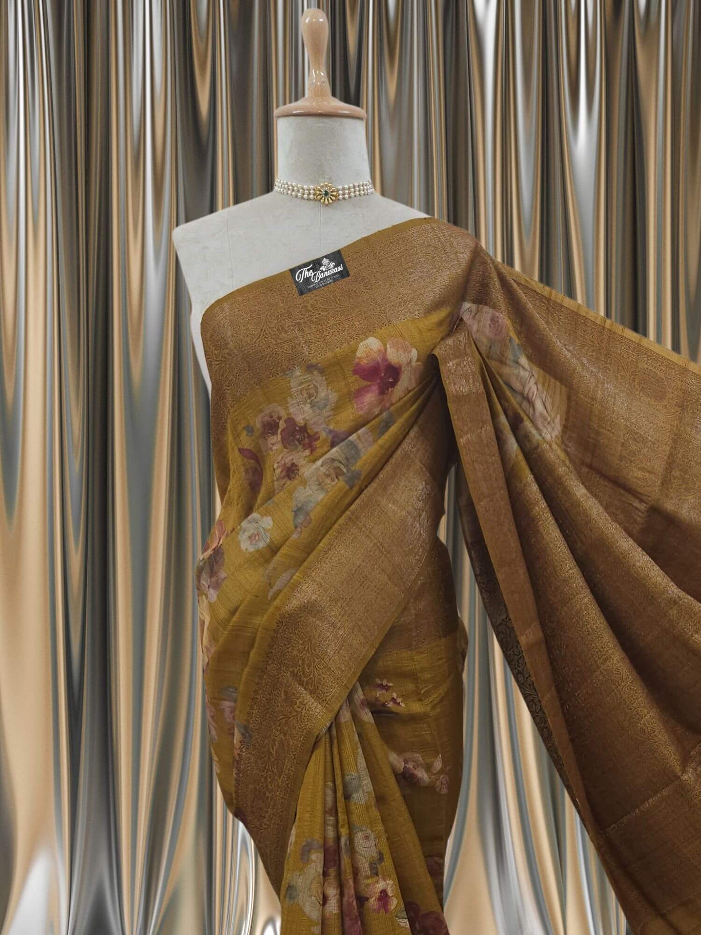 Mustard Color Pure Tussar Georgette Antique Zari Print Banarasi Handloom Saree