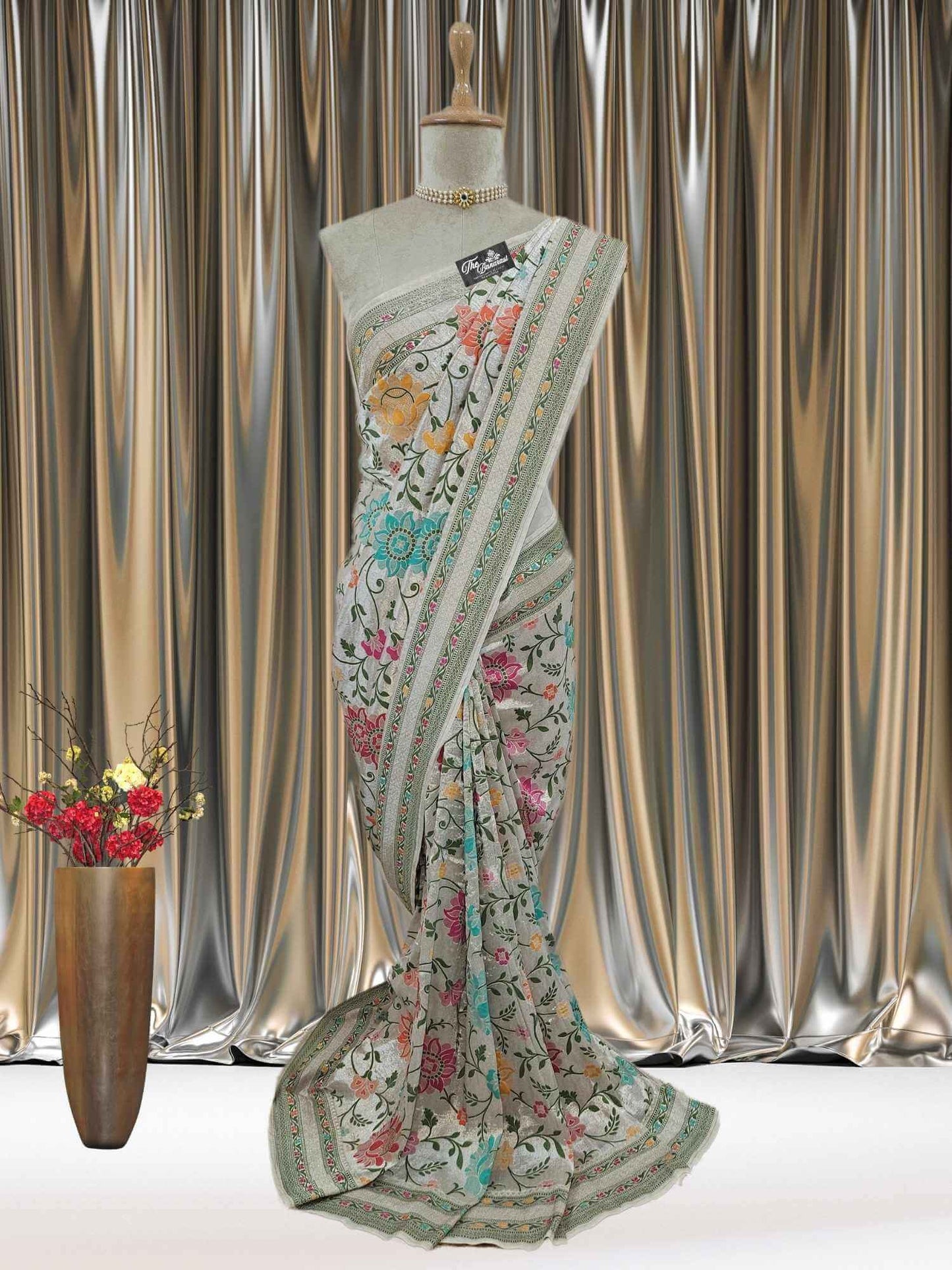 Off White Pure Tussar Georgette Meenakari Design Banarasi Handloom Saree