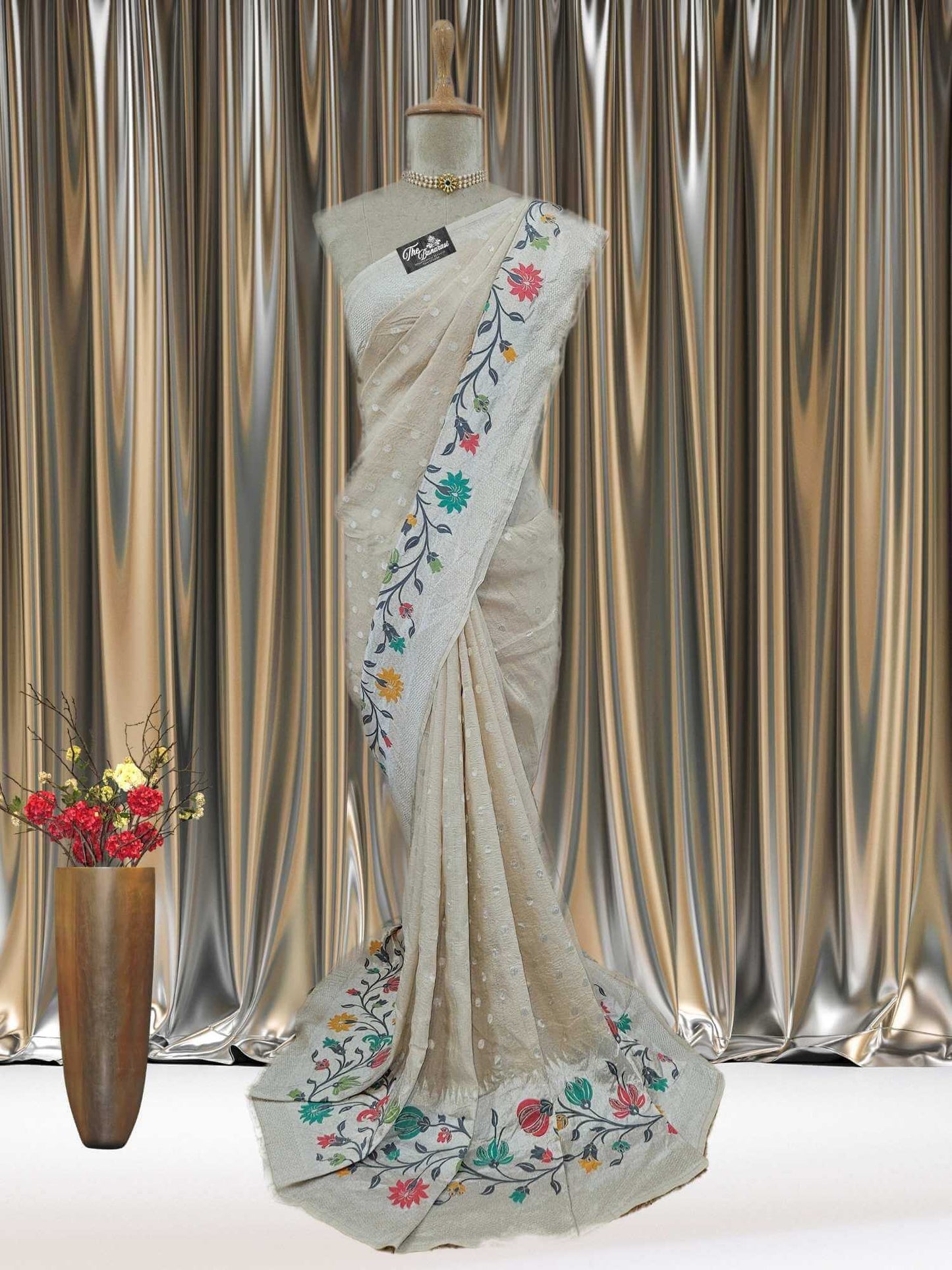 Off White Pure Tussar Georgette Meenakari Design Banarasi Handloom Saree