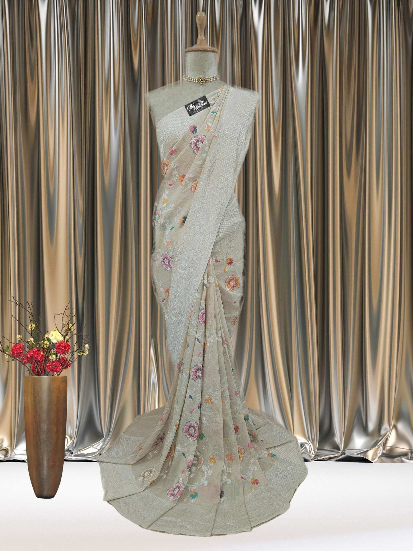 Cream Color Pure Tussar Georgette Meenakari Design Banarasi Handloom Saree