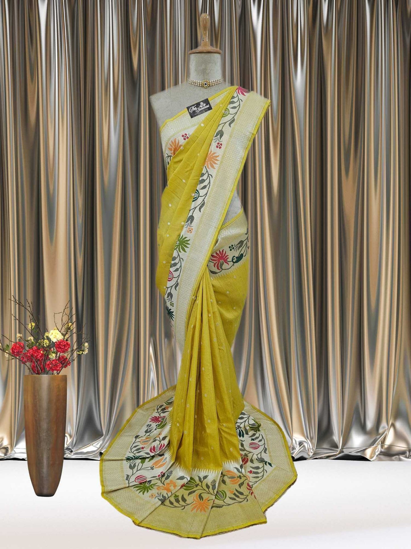 Citrine Yellow Pure Tussar Georgette Meenakari Design Banarasi Handloom Saree