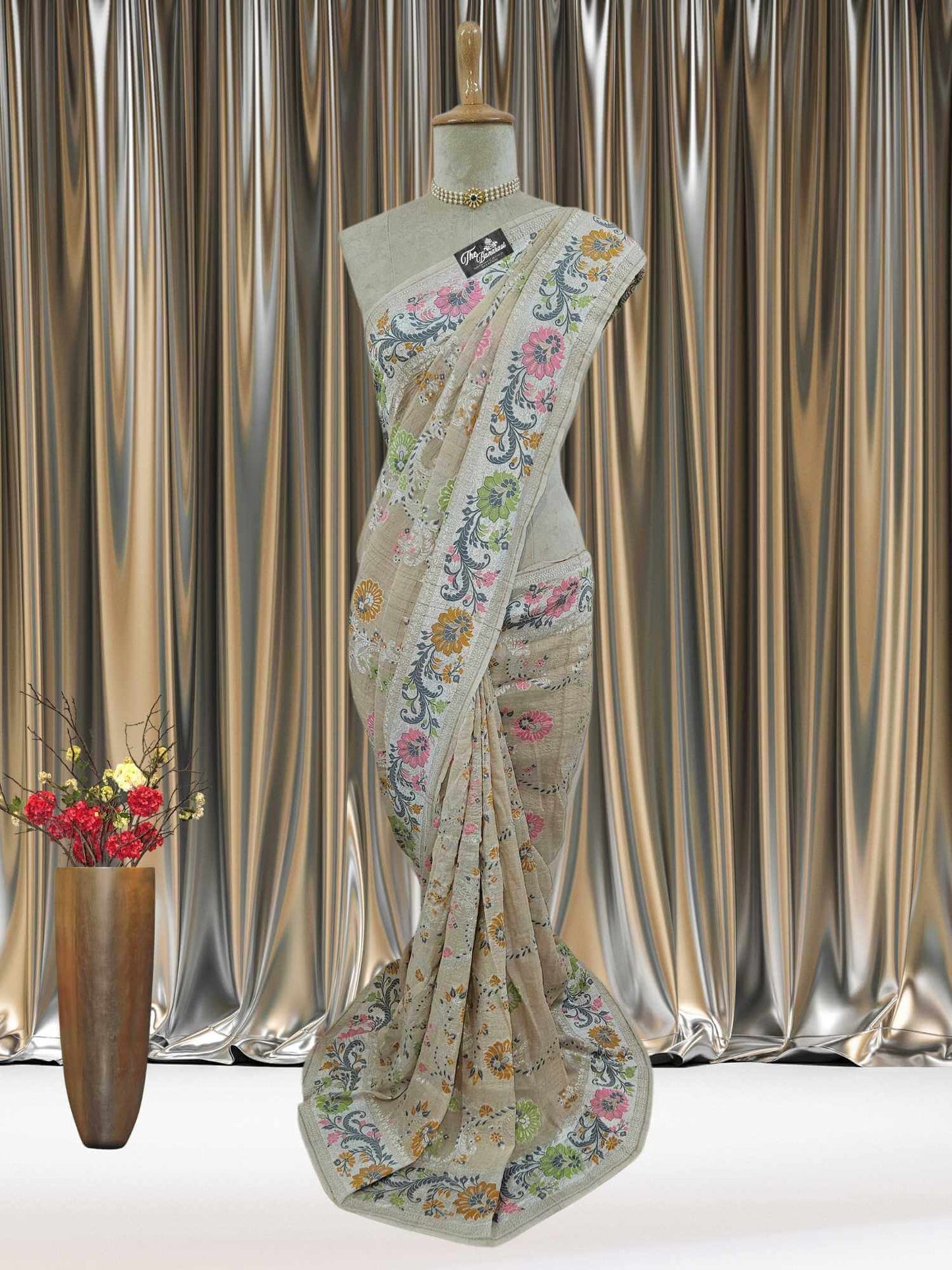 Beige Color Pure Tussar Georgette Meenakari Design Banarasi Handloom Saree