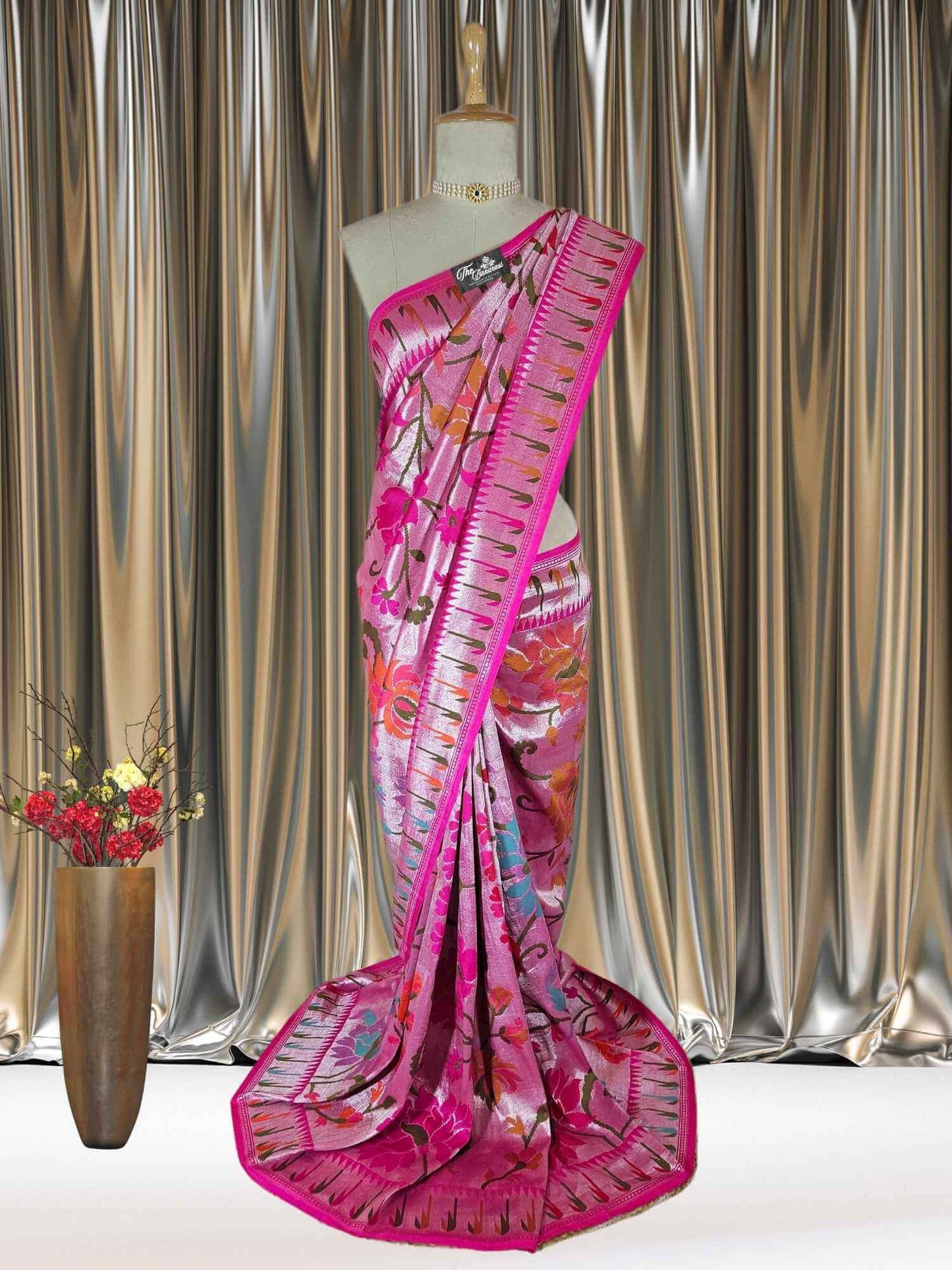 Magenta Pink Pure Tussar Georgette Pathani Design Banarasi Handloom Saree