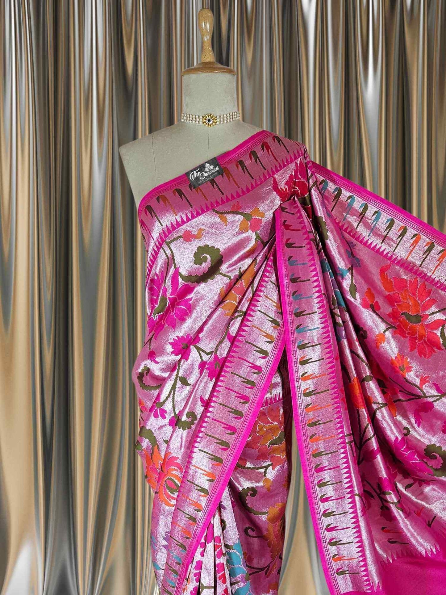 Magenta Pink Pure Tussar Georgette Pathani Design Banarasi Handloom Saree
