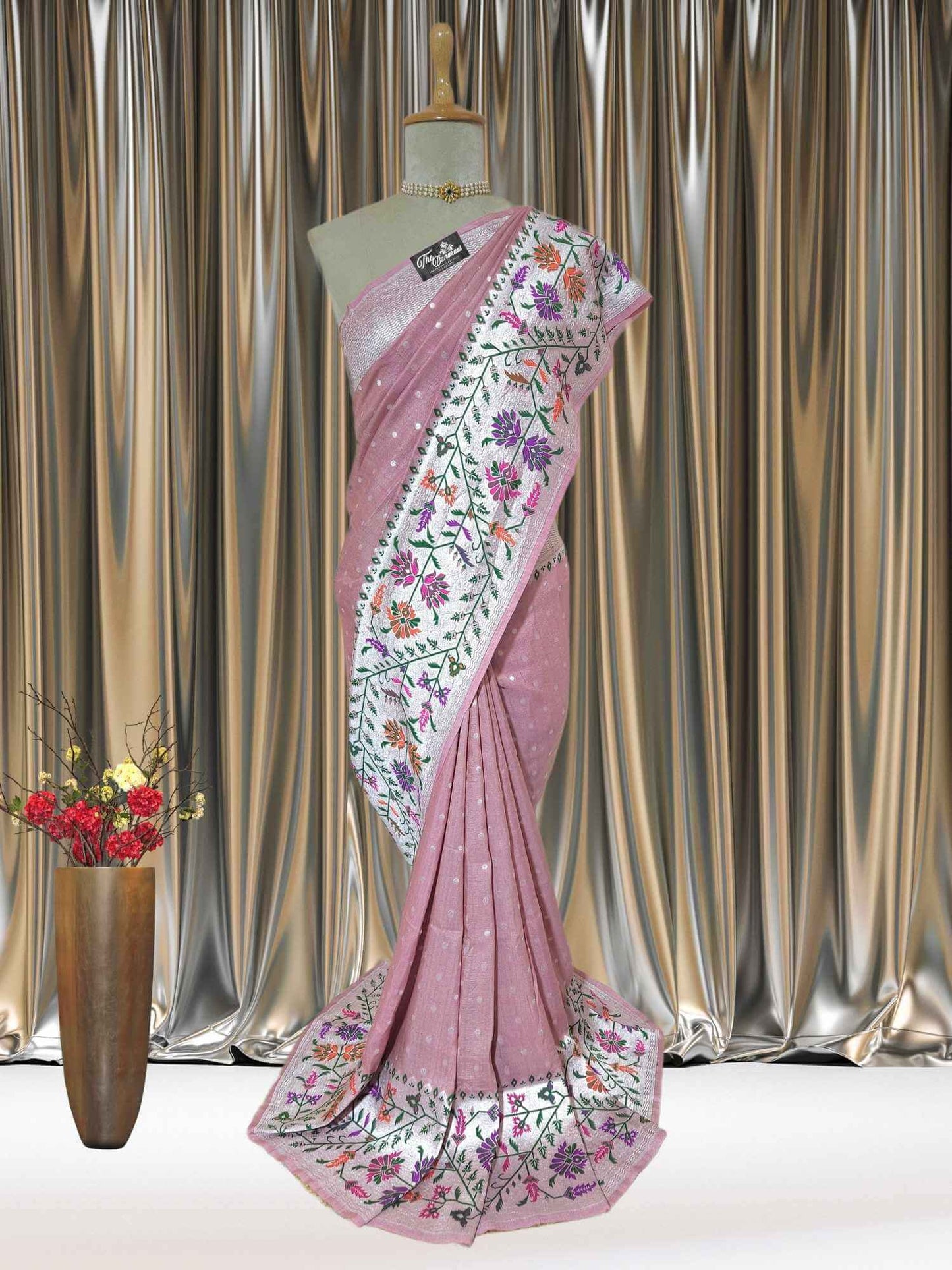 Pastel Peach Pure Tussar Georgette Paithani Design Banarasi Handloom Saree