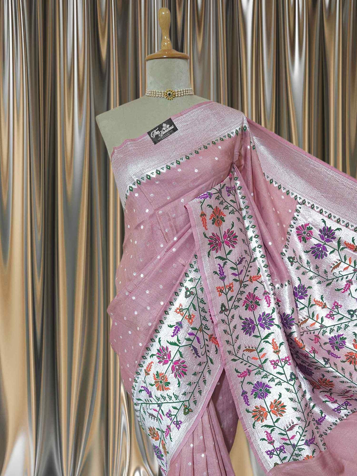 Pastel Peach Pure Tussar Georgette Paithani Design Banarasi Handloom Saree