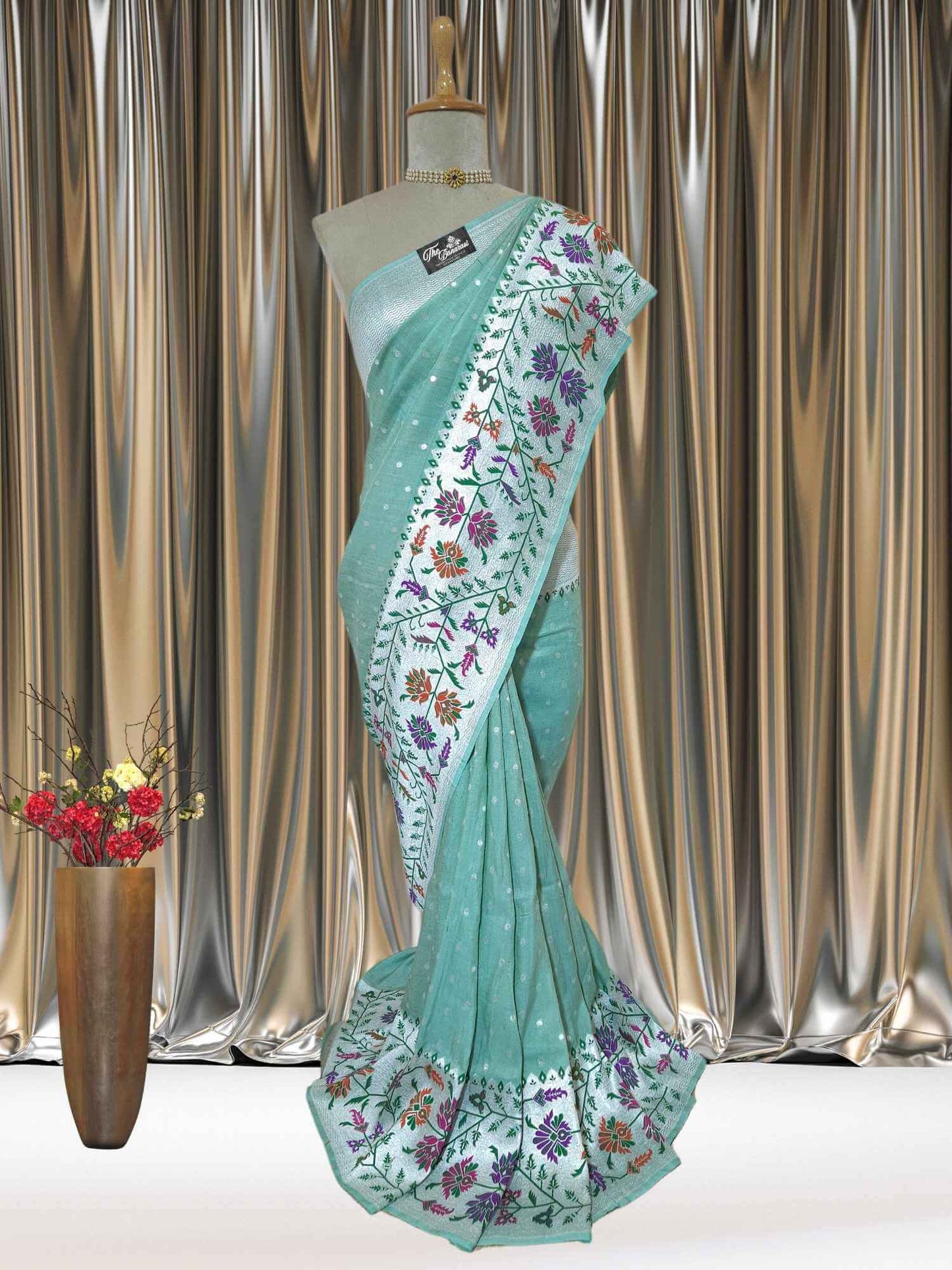 Sea Foam Pure Tussar Georgette Paithani Design Banarasi Handloom Saree