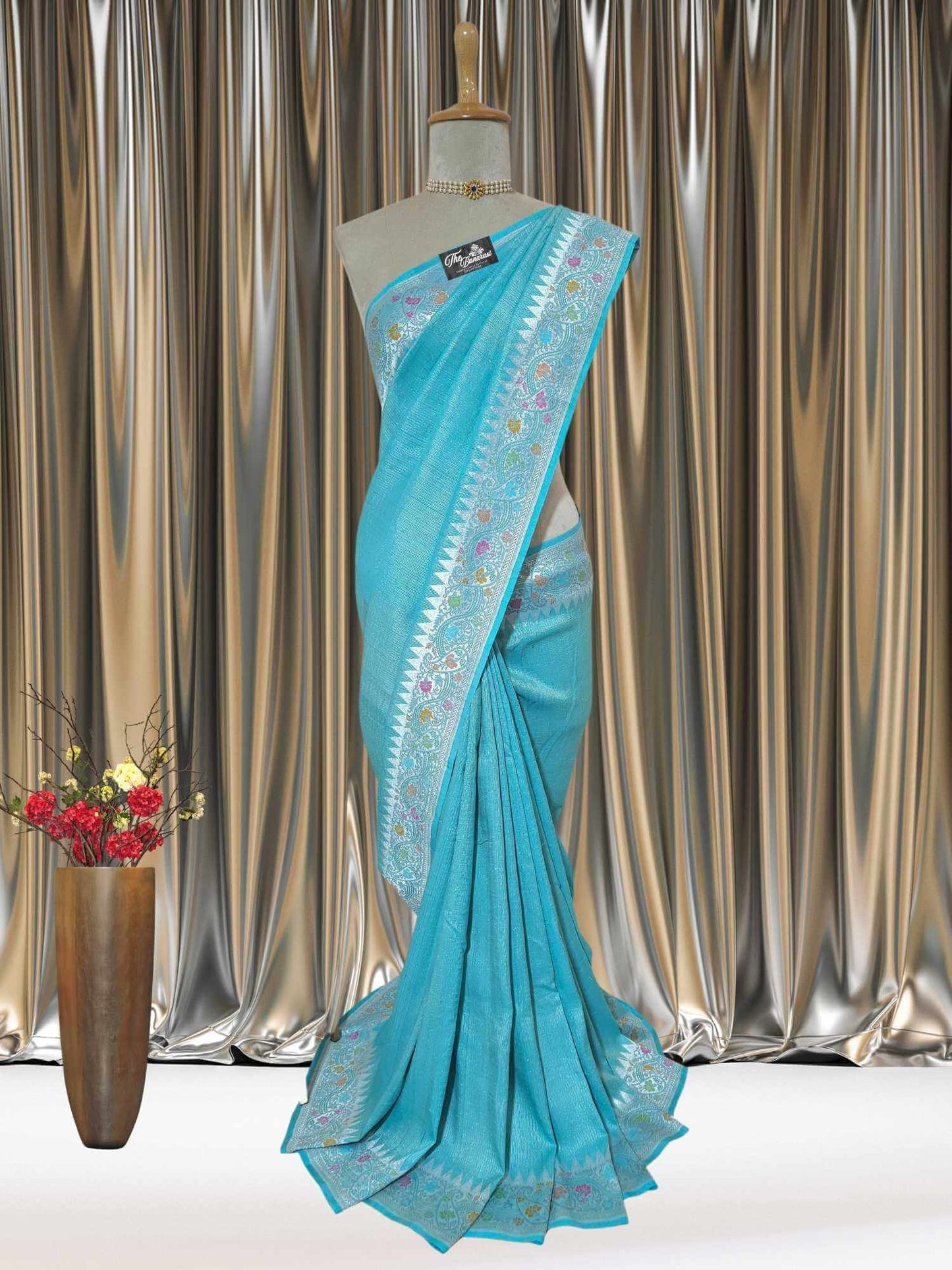 Sky Blue Pure Tussar Georgette Meenakari Design Banarasi Handloom Saree