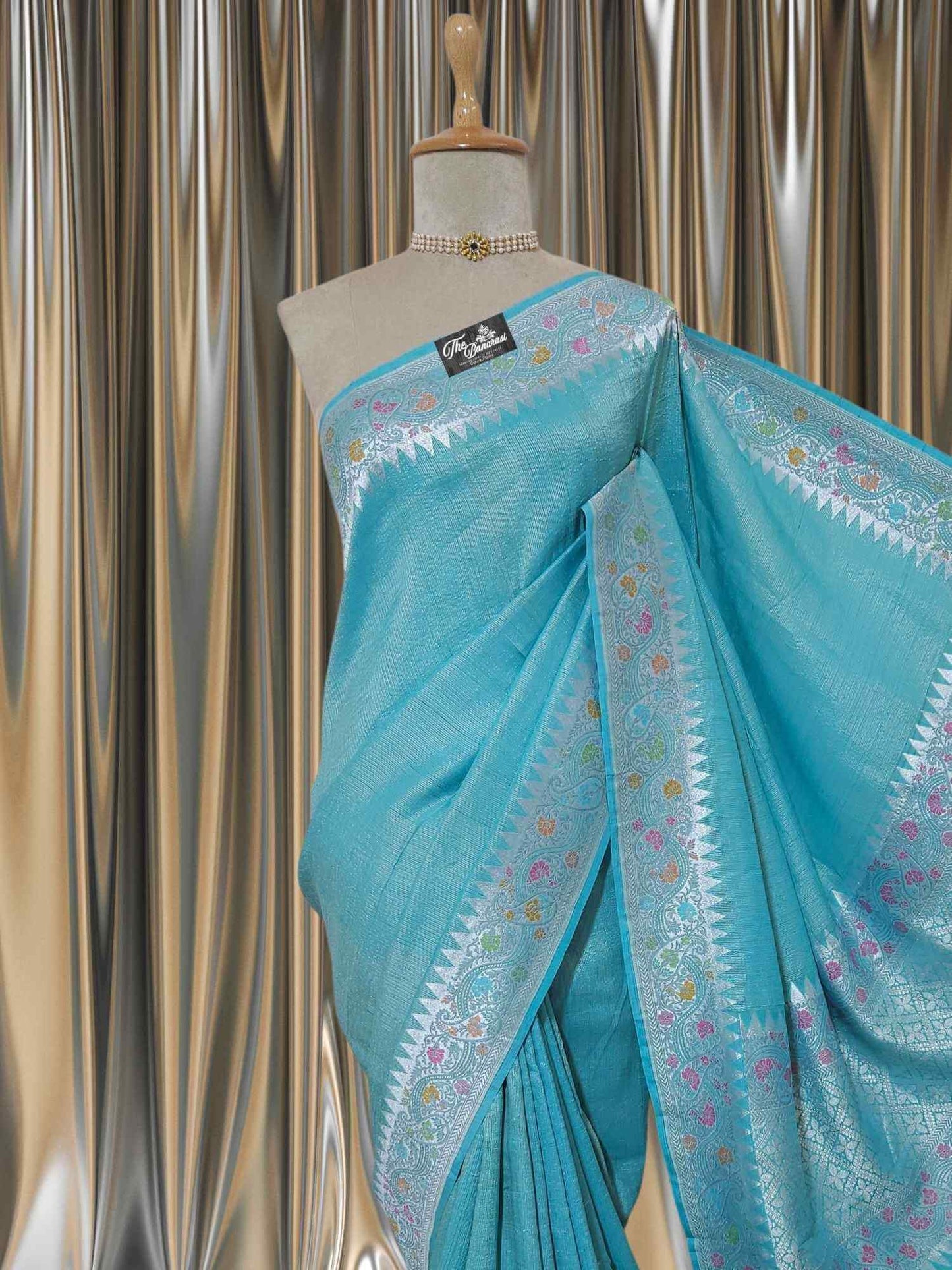 Sky Blue Pure Tussar Georgette Meenakari Design Banarasi Handloom Saree
