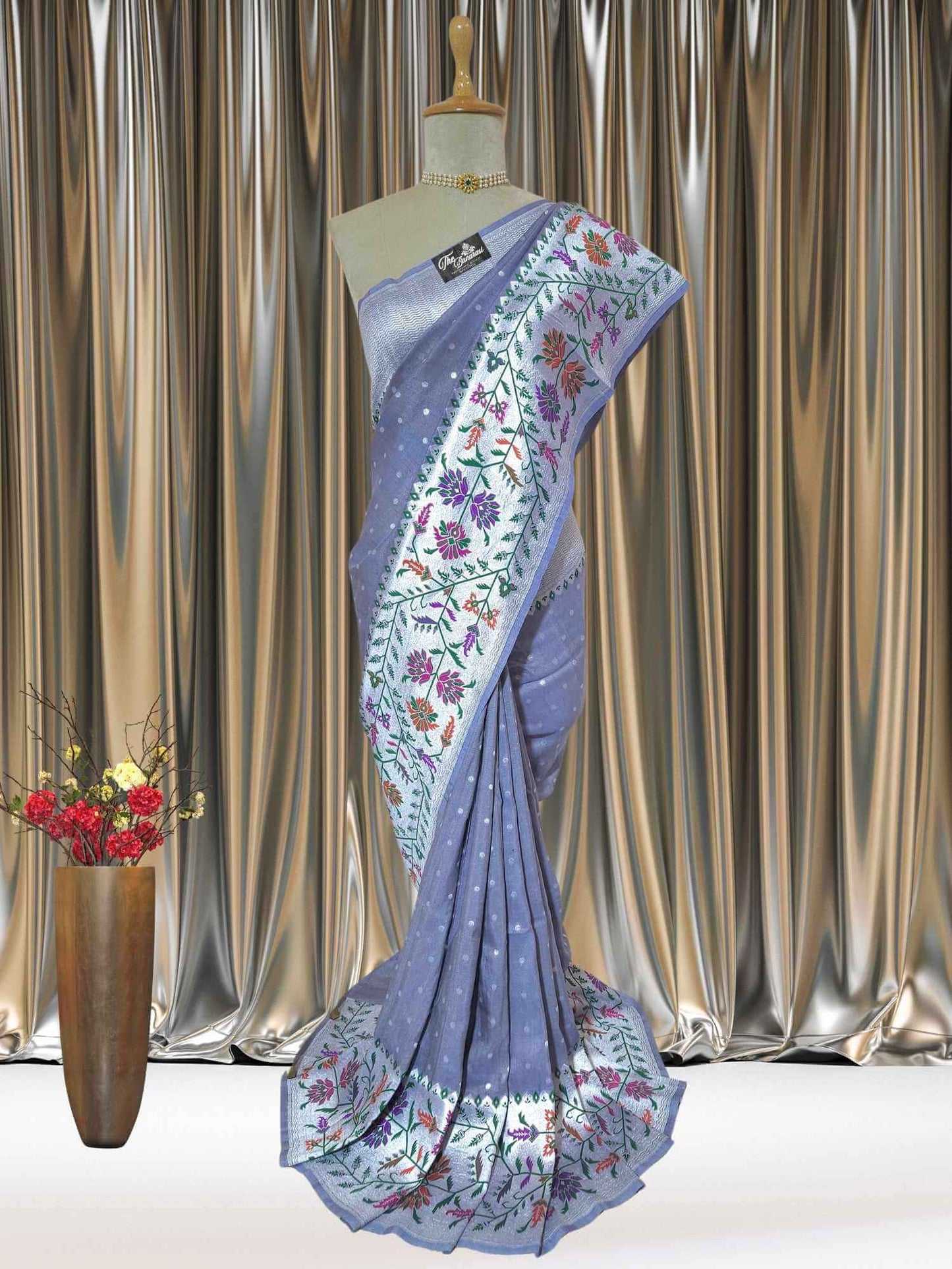 Slate Blue Pure Tussar Georgette Meenakari Design Banarasi Handloom Saree